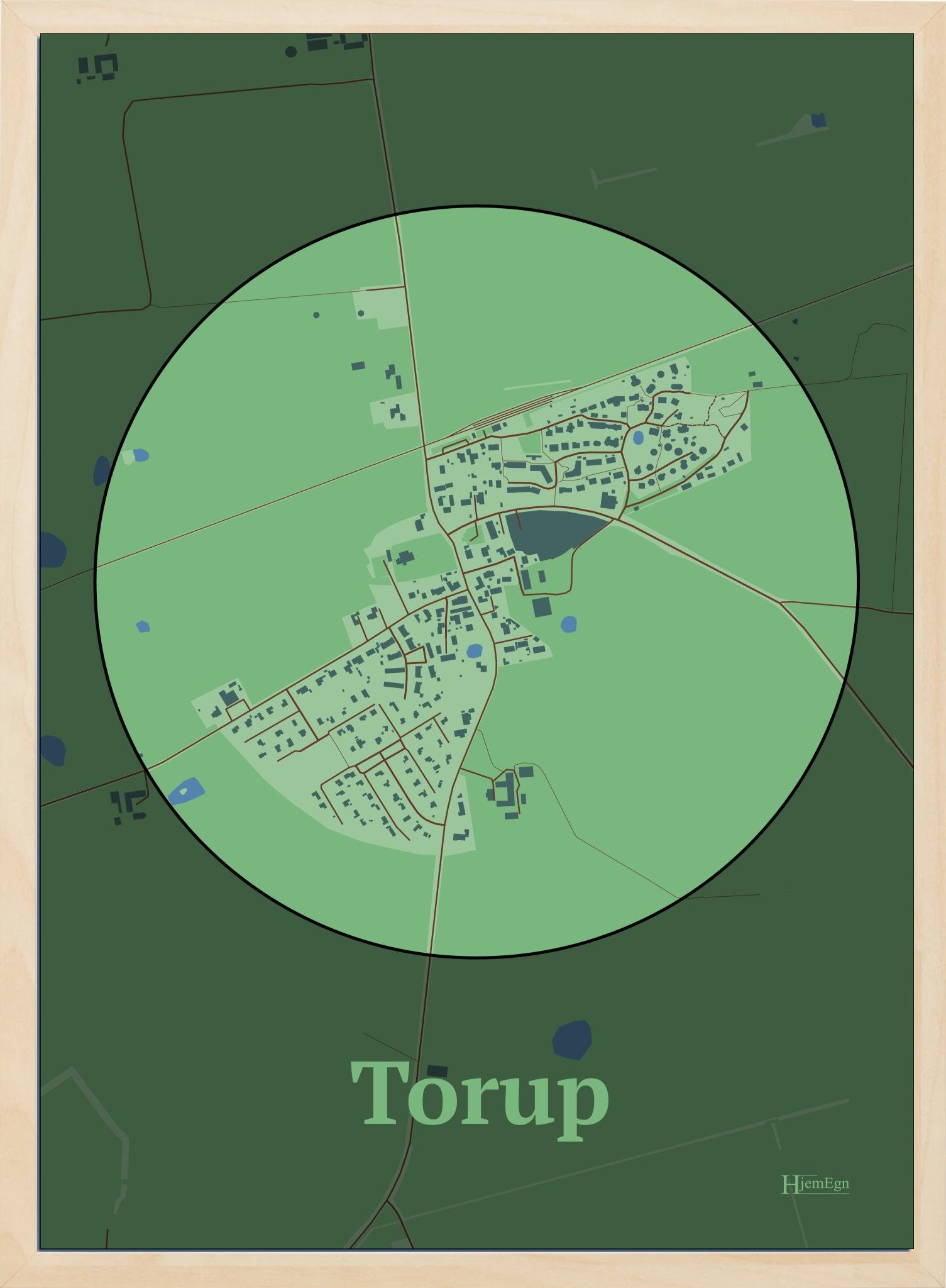 Torup plakat i farve pastel grøn og HjemEgn.dk design centrum. Design bykort for Torup