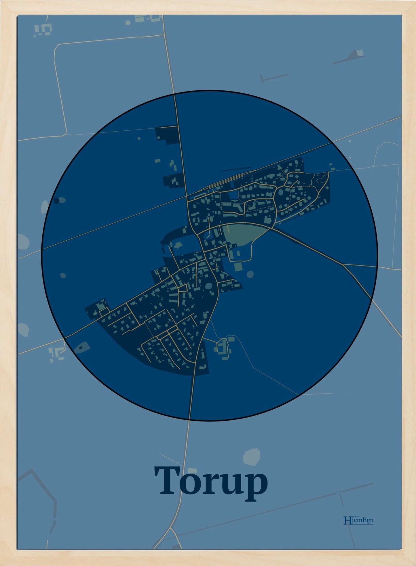 Torup plakat i farve mørk blå og HjemEgn.dk design centrum. Design bykort for Torup