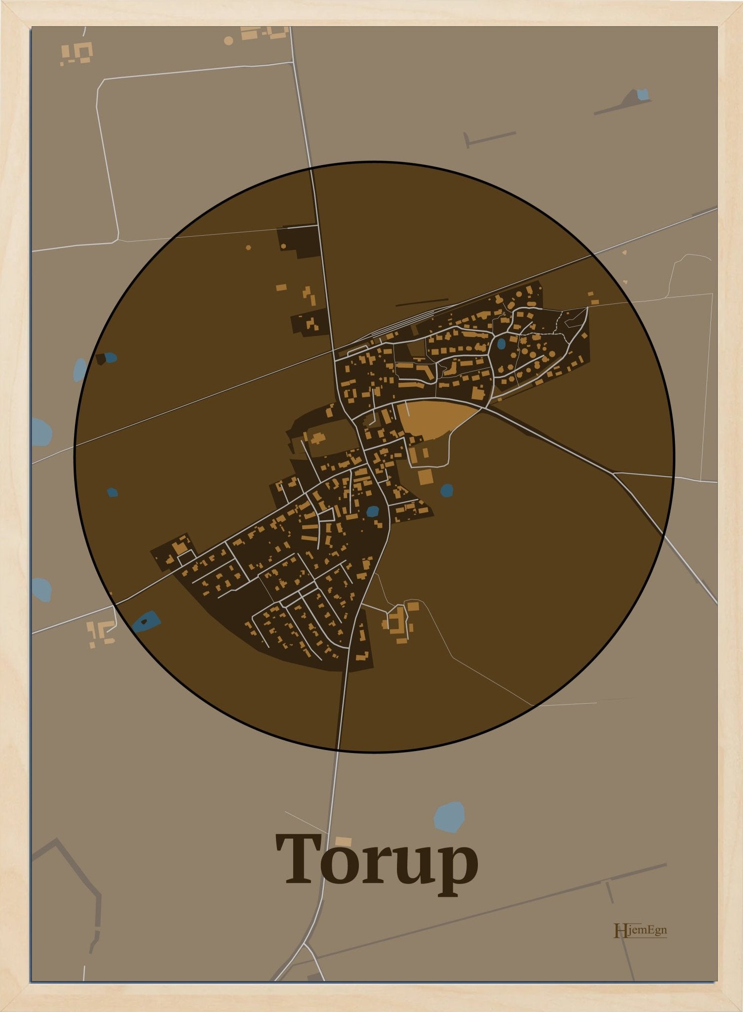Torup plakat i farve mørk brun og HjemEgn.dk design centrum. Design bykort for Torup