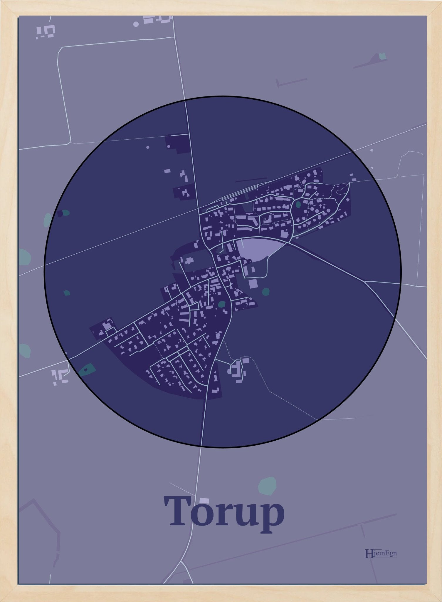 Torup plakat i farve mørk lilla og HjemEgn.dk design centrum. Design bykort for Torup