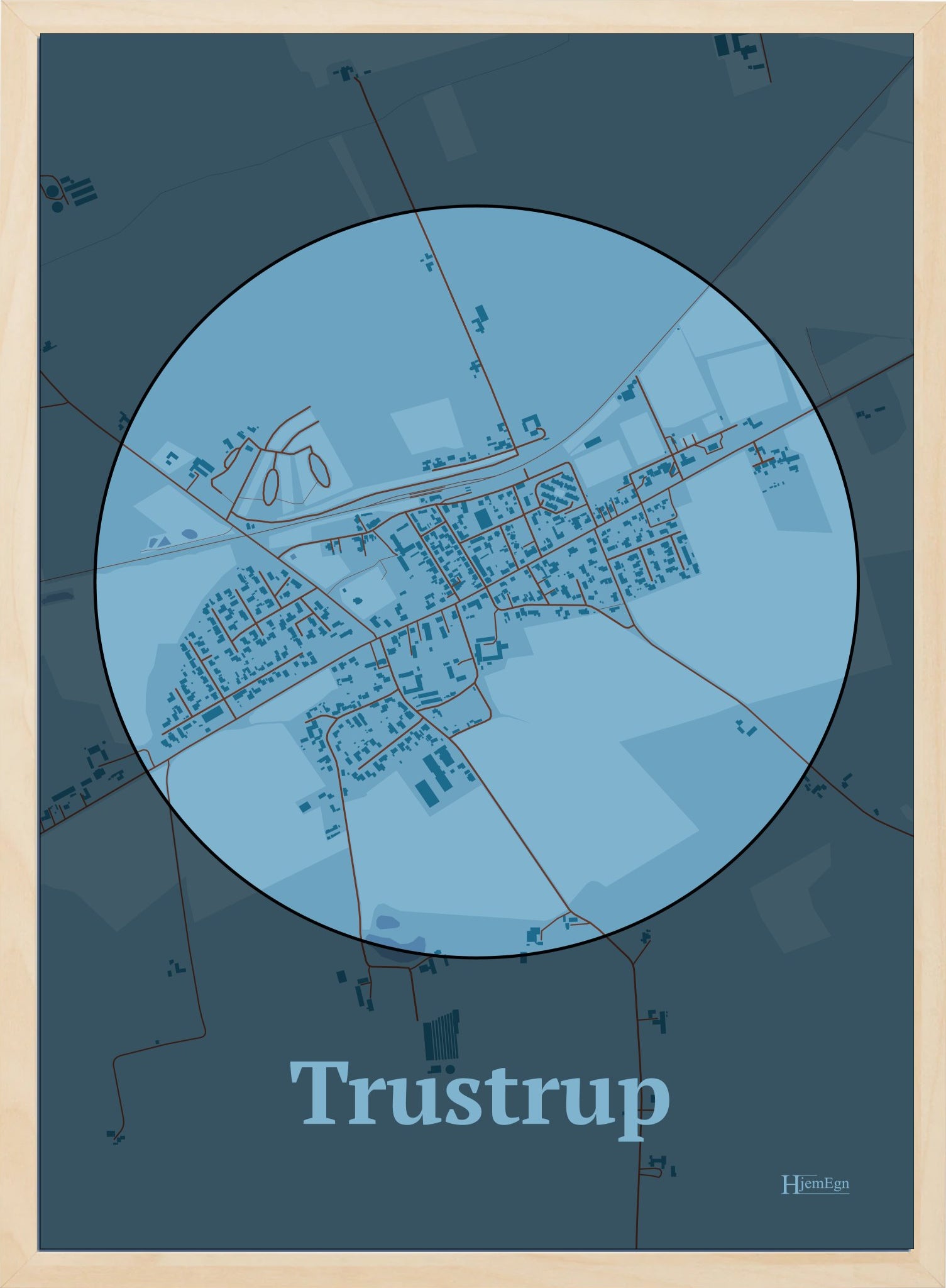 Trustrup plakat i farve pastel blå og HjemEgn.dk design centrum. Design bykort for Trustrup