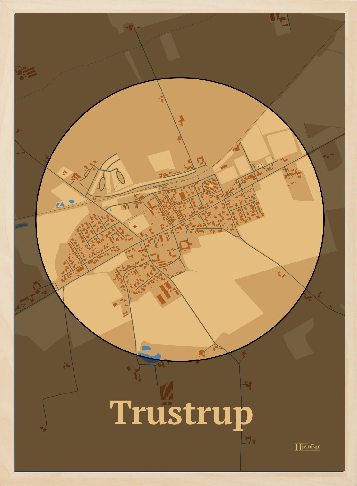 Trustrup plakat i farve pastel brun og HjemEgn.dk design centrum. Design bykort for Trustrup
