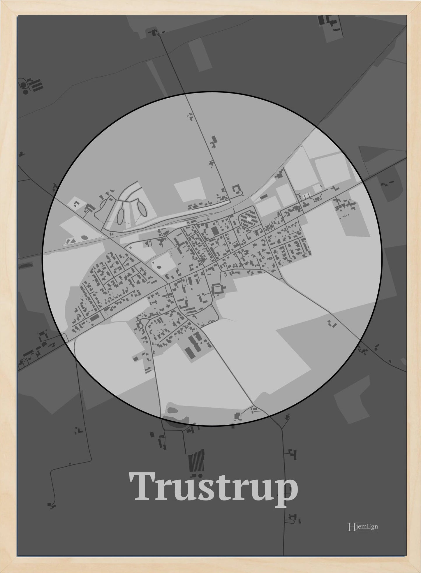 Trustrup plakat i farve pastel grå og HjemEgn.dk design centrum. Design bykort for Trustrup