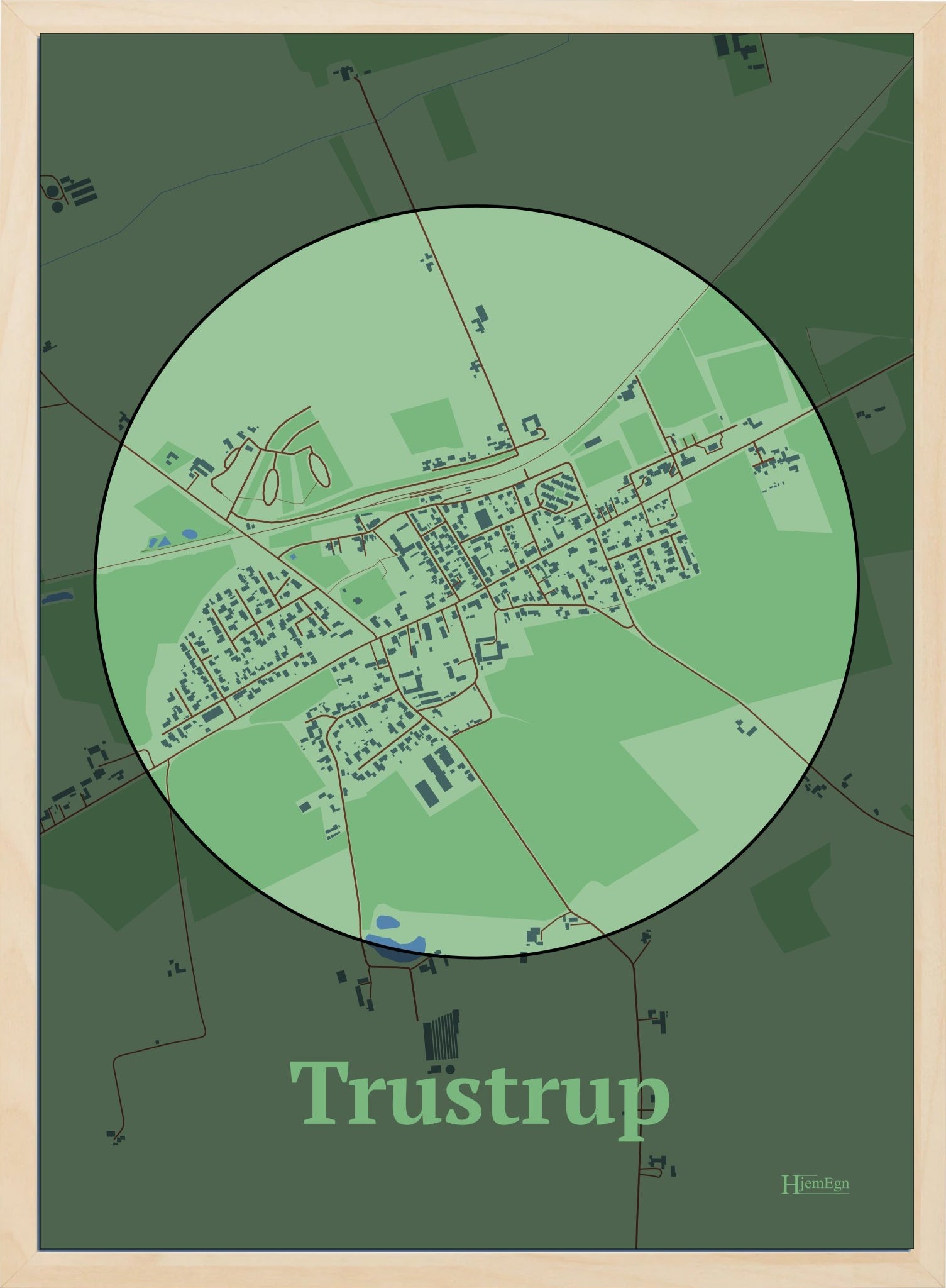 Trustrup plakat i farve pastel grøn og HjemEgn.dk design centrum. Design bykort for Trustrup