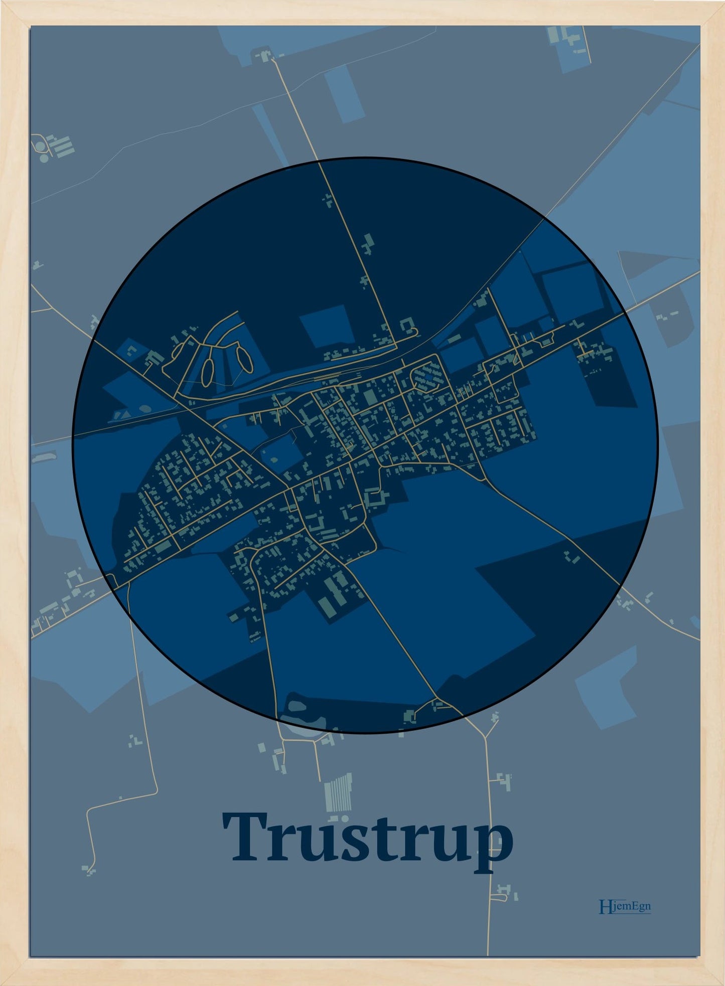 Trustrup plakat i farve mørk blå og HjemEgn.dk design centrum. Design bykort for Trustrup