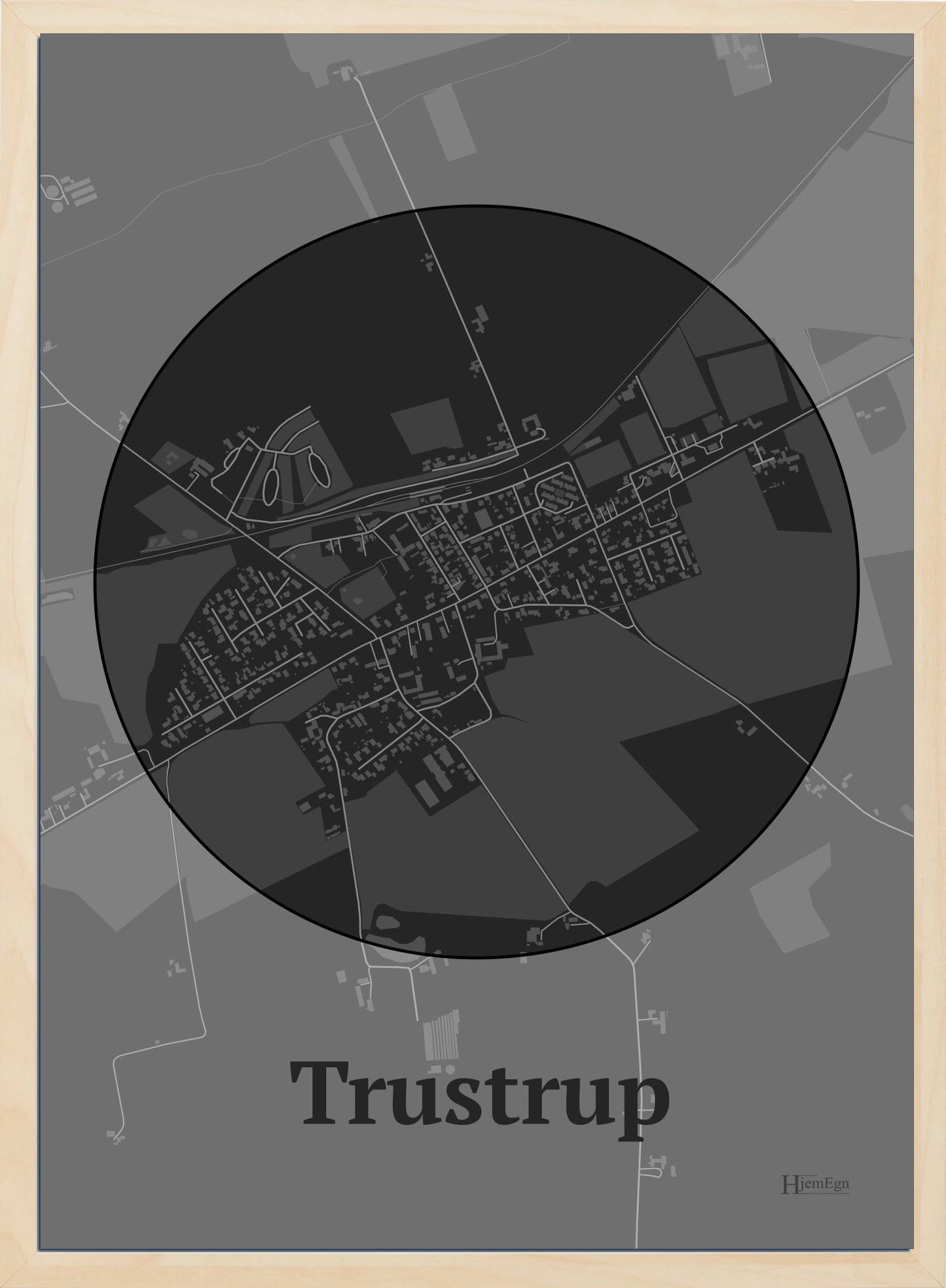 Trustrup plakat i farve mørk grå og HjemEgn.dk design centrum. Design bykort for Trustrup
