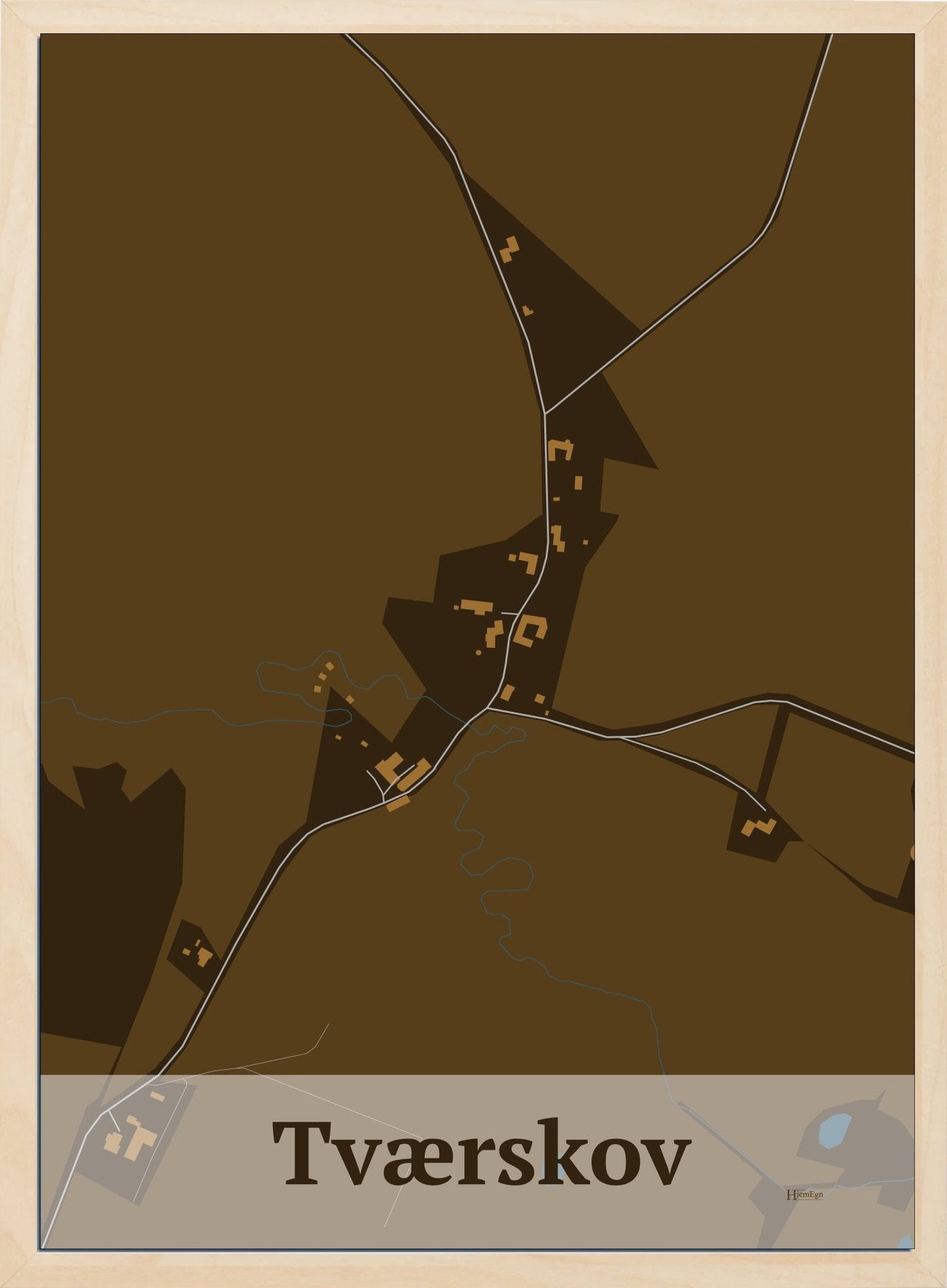 Tværskov plakat i farve mørk brun og HjemEgn.dk design firkantet. Design bykort for Tværskov