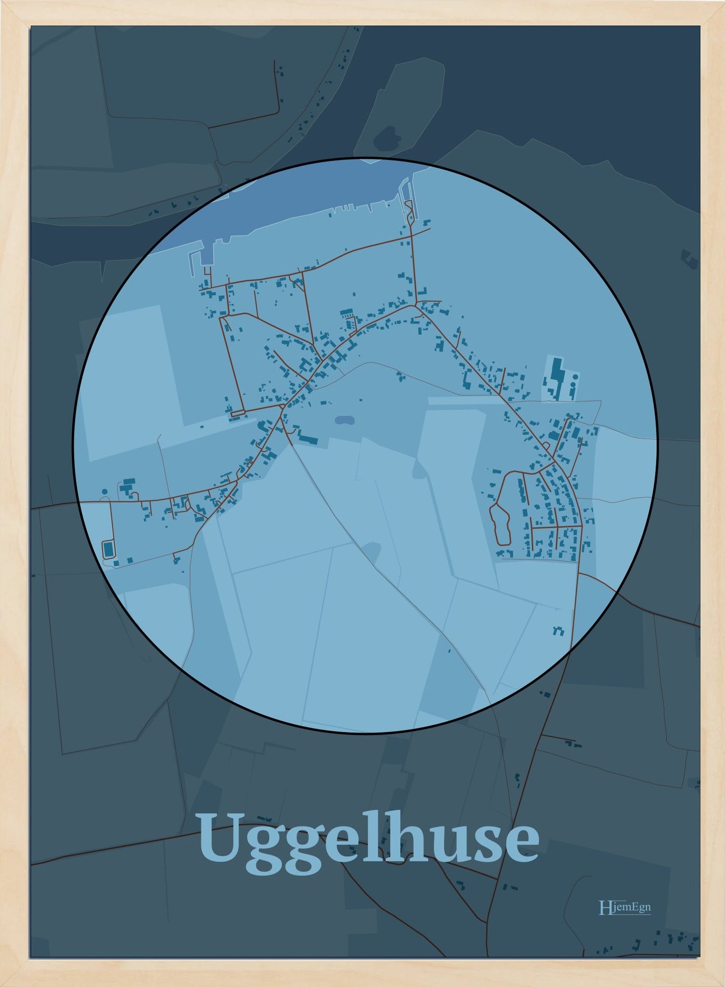 Uggelhuse plakat i farve pastel blå og HjemEgn.dk design centrum. Design bykort for Uggelhuse