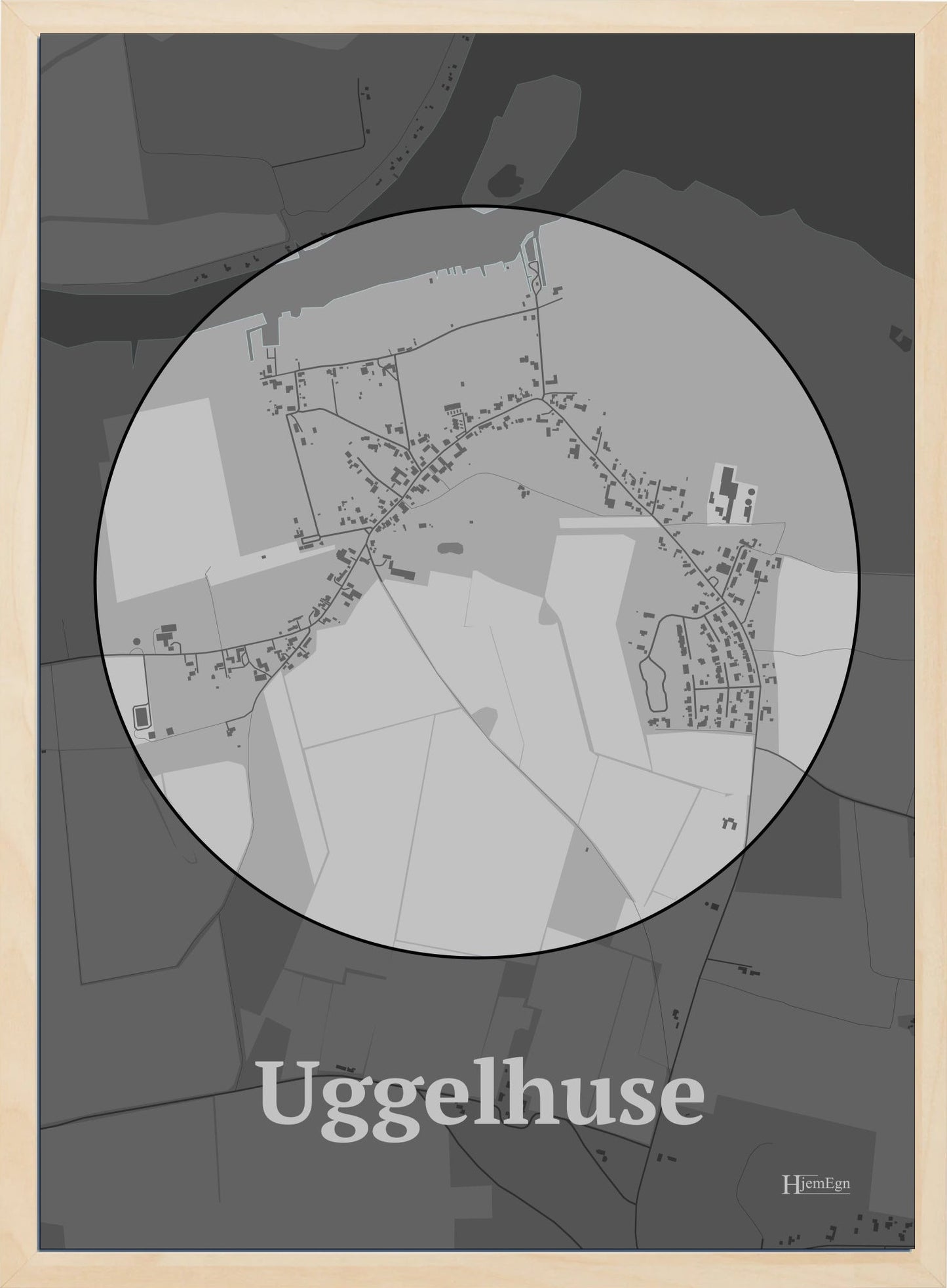 Uggelhuse plakat i farve pastel grå og HjemEgn.dk design centrum. Design bykort for Uggelhuse