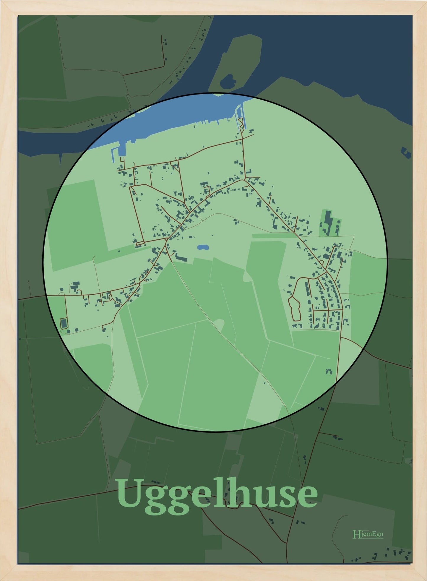 Uggelhuse plakat i farve pastel grøn og HjemEgn.dk design centrum. Design bykort for Uggelhuse