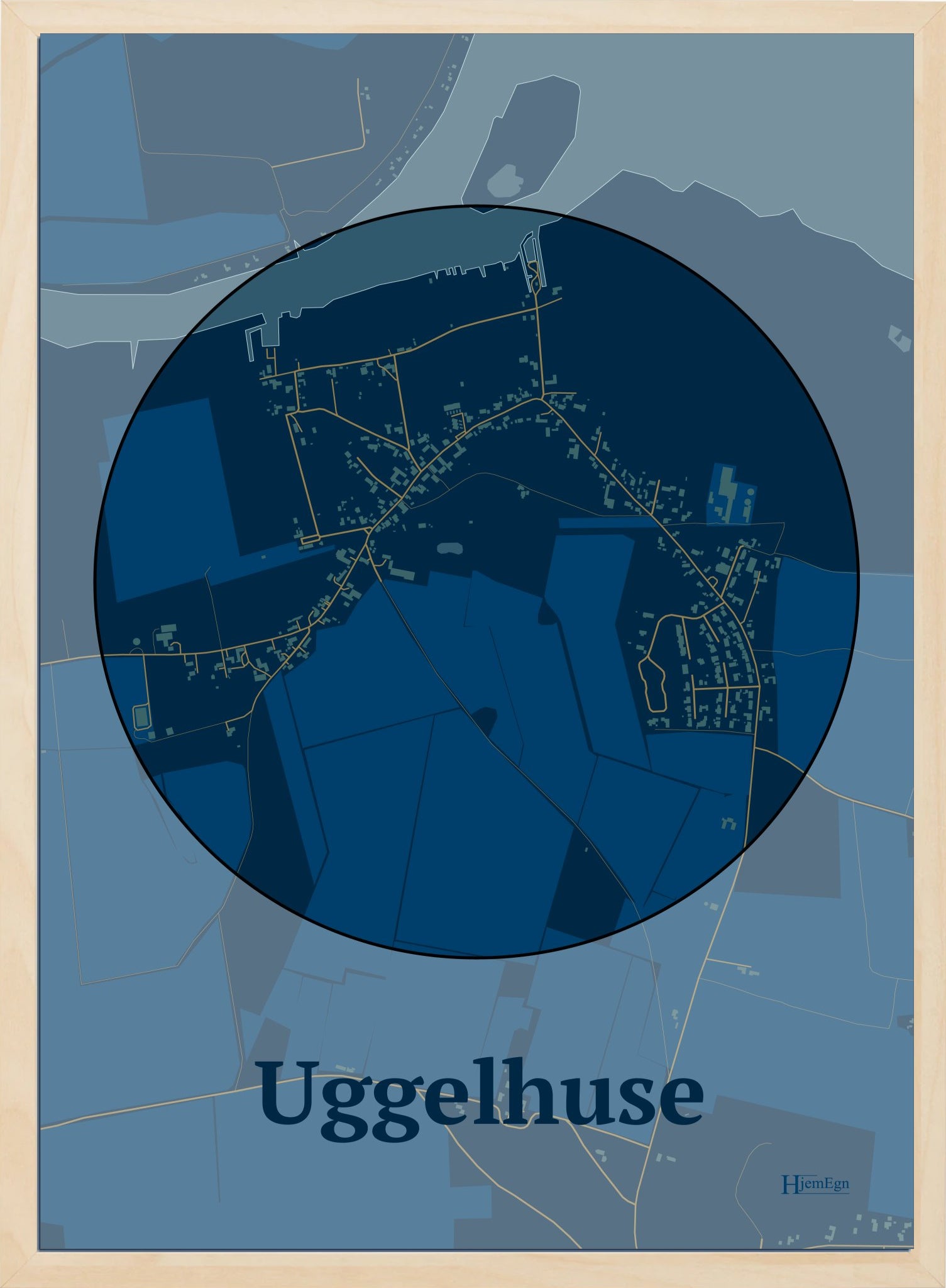 Uggelhuse plakat i farve mørk blå og HjemEgn.dk design centrum. Design bykort for Uggelhuse
