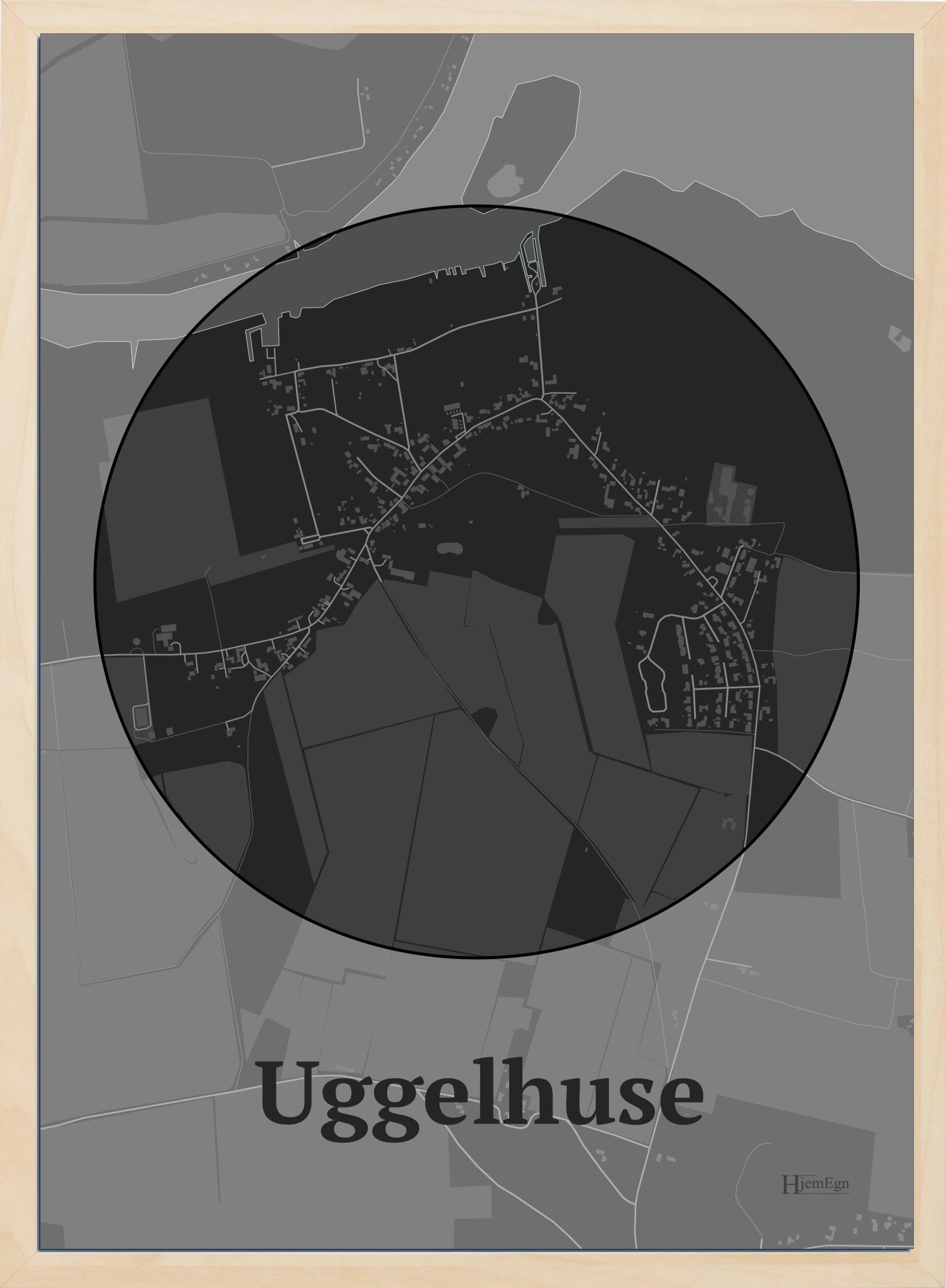 Uggelhuse plakat i farve mørk grå og HjemEgn.dk design centrum. Design bykort for Uggelhuse