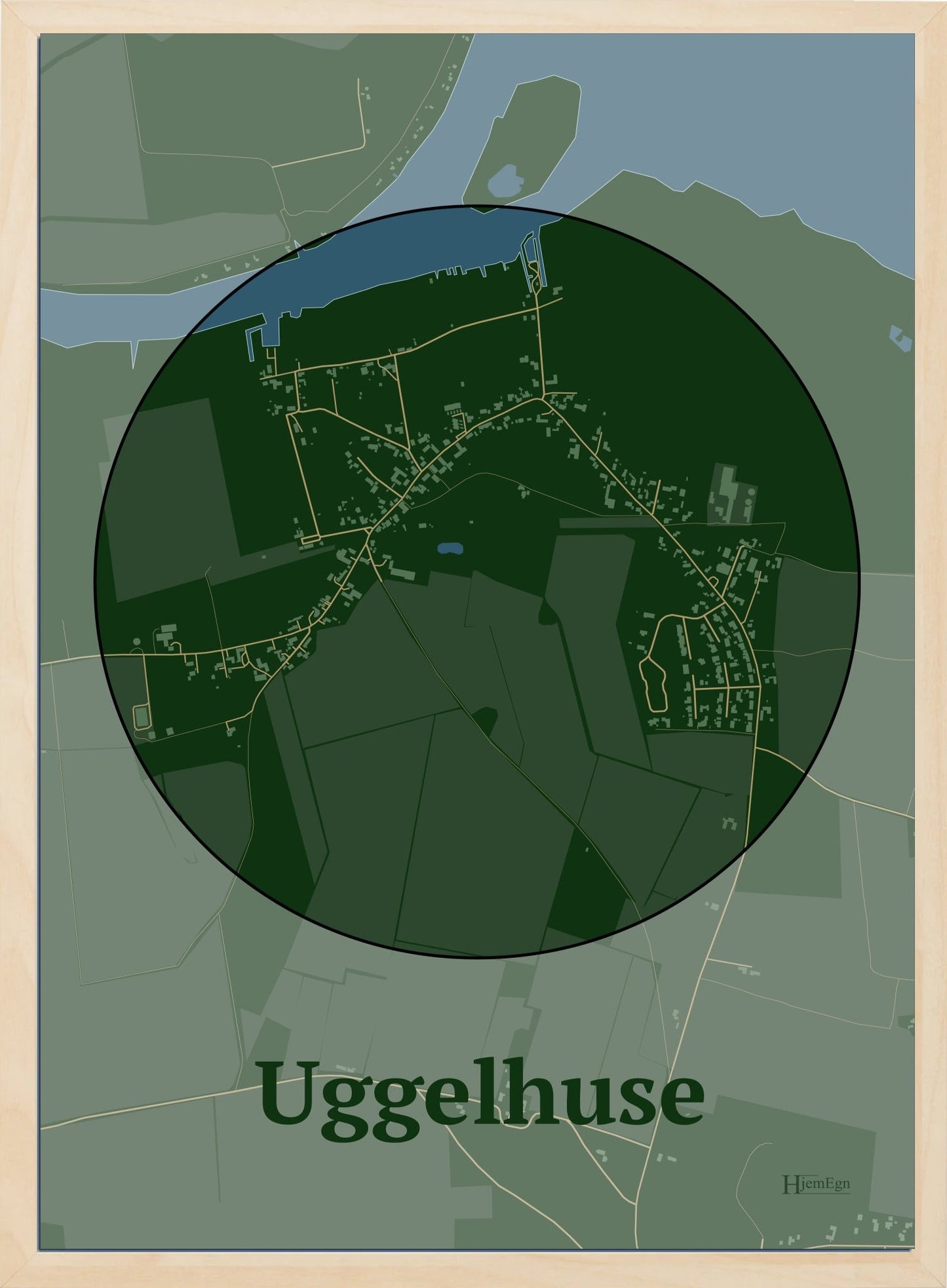 Uggelhuse plakat i farve mørk grøn og HjemEgn.dk design centrum. Design bykort for Uggelhuse