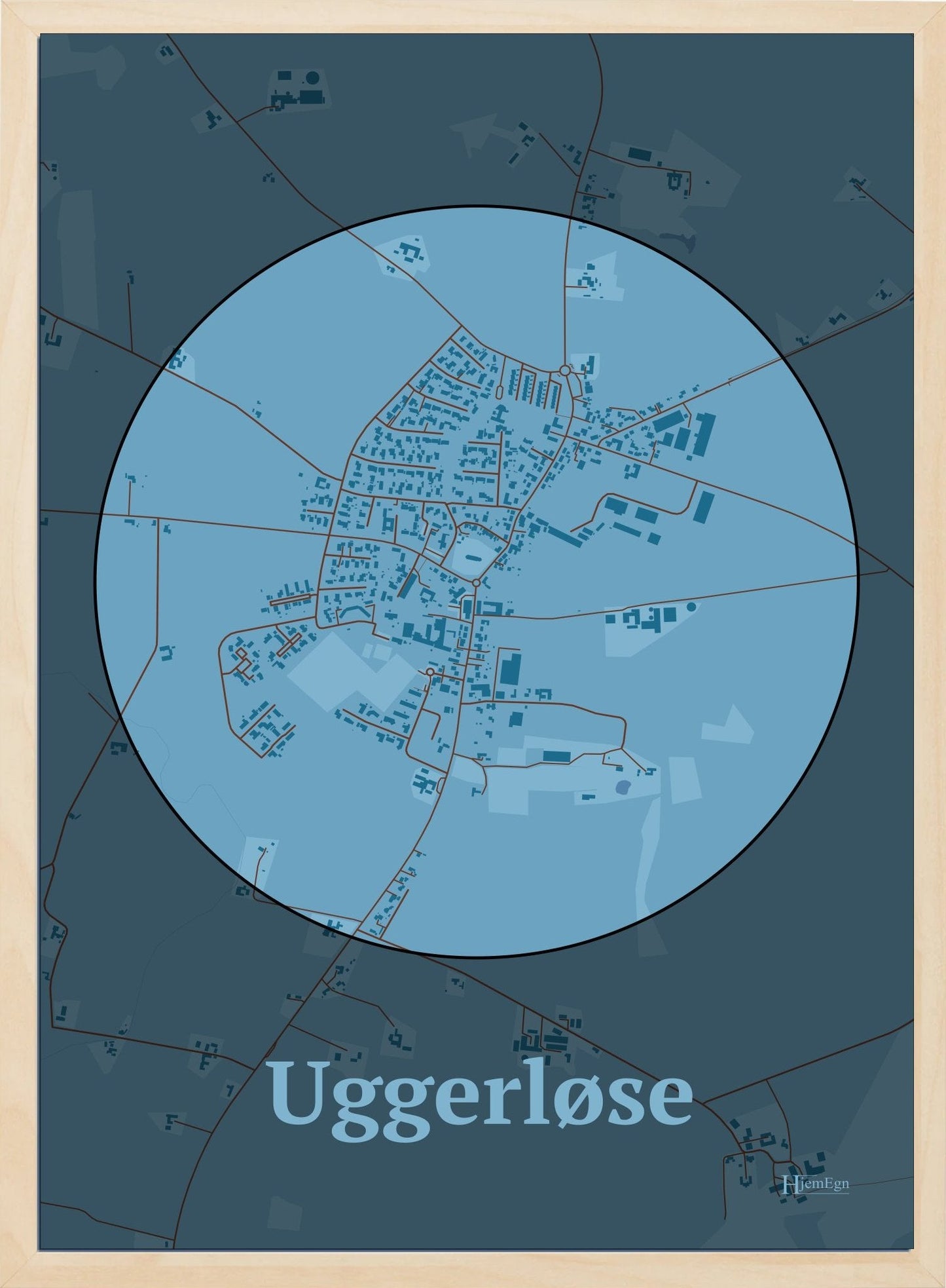 Uggerløse plakat i farve pastel blå og HjemEgn.dk design centrum. Design bykort for Uggerløse
