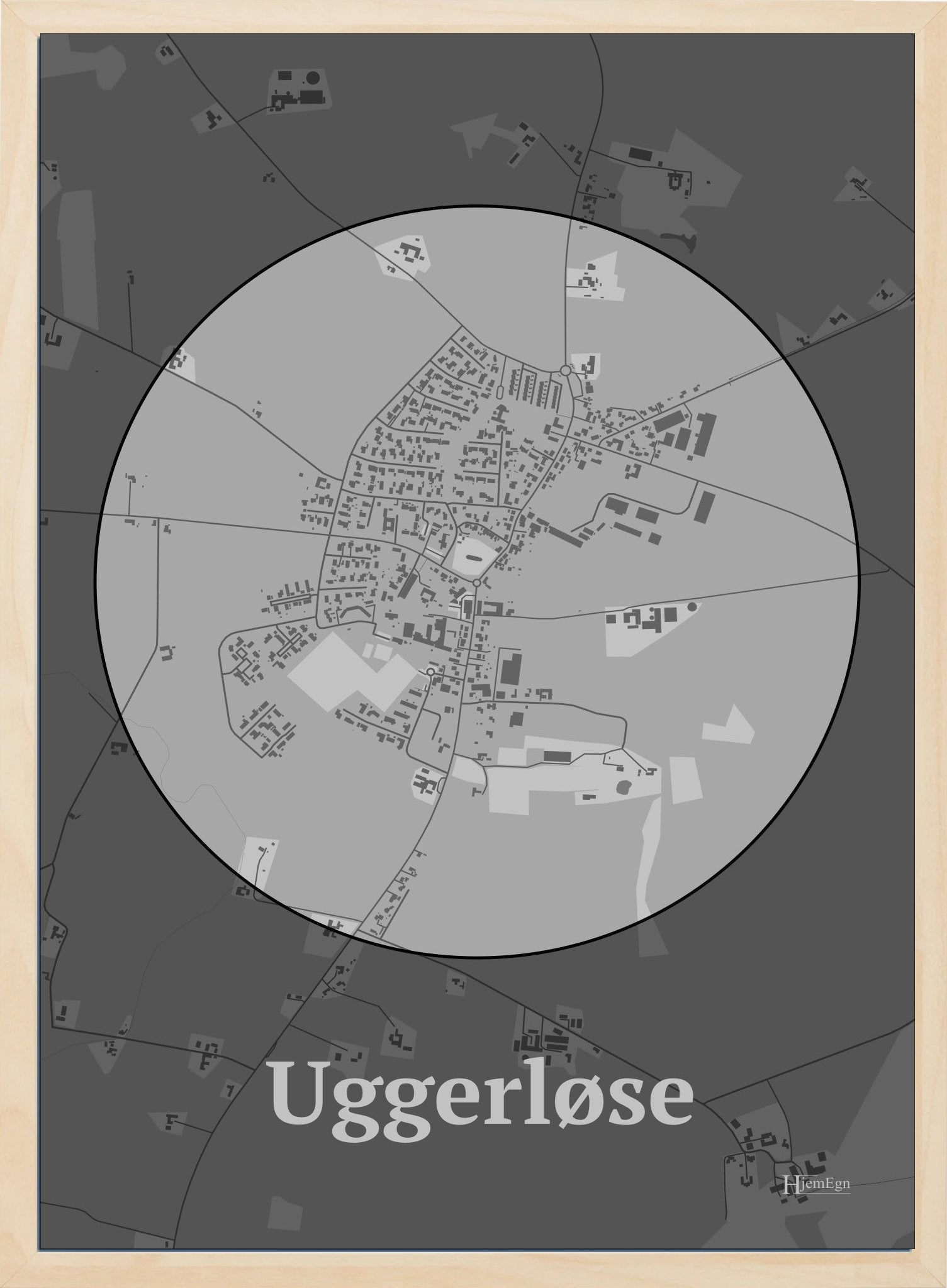 Uggerløse plakat i farve pastel grå og HjemEgn.dk design centrum. Design bykort for Uggerløse