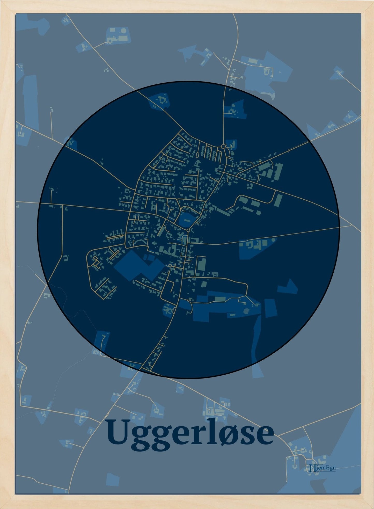 Uggerløse plakat i farve mørk blå og HjemEgn.dk design centrum. Design bykort for Uggerløse