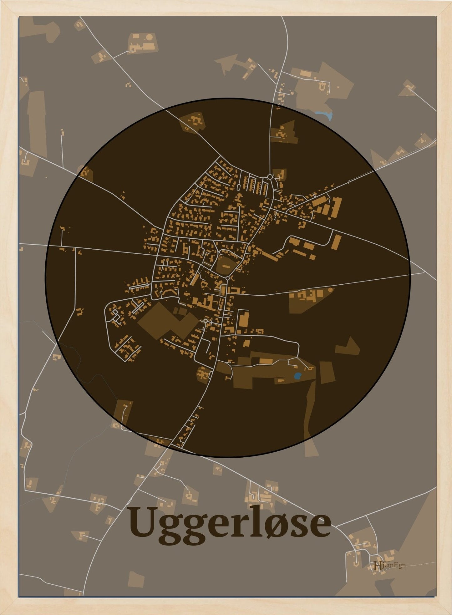 Uggerløse plakat i farve mørk brun og HjemEgn.dk design centrum. Design bykort for Uggerløse