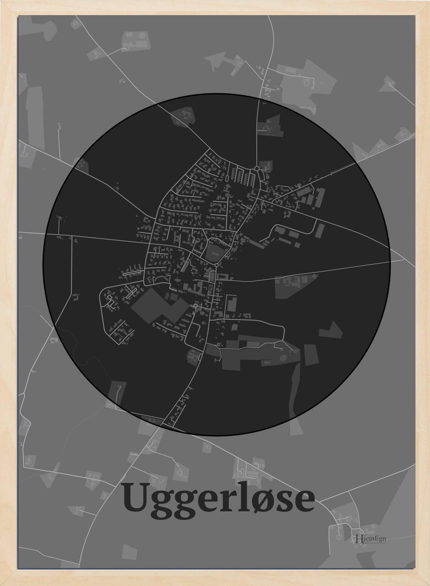 Uggerløse plakat i farve mørk grå og HjemEgn.dk design centrum. Design bykort for Uggerløse