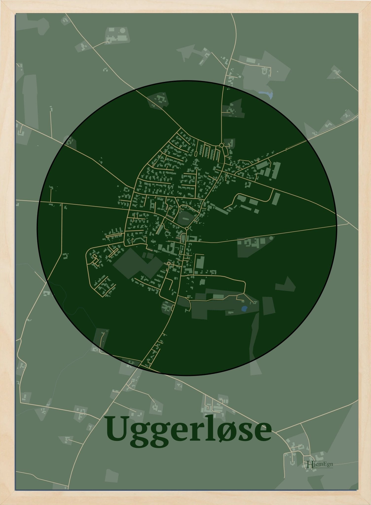 Uggerløse plakat i farve mørk grøn og HjemEgn.dk design centrum. Design bykort for Uggerløse