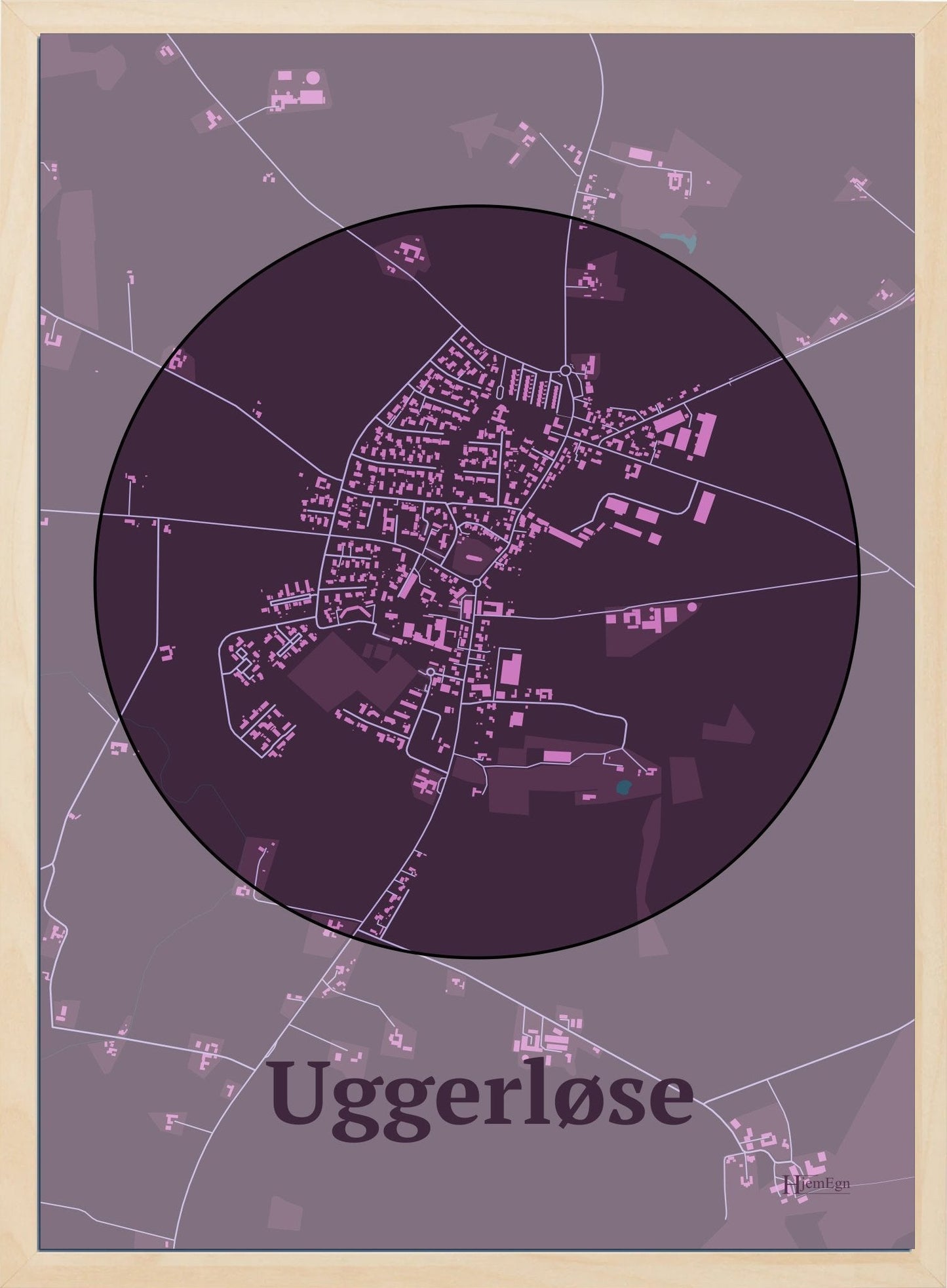 Uggerløse plakat i farve mørk rød og HjemEgn.dk design centrum. Design bykort for Uggerløse
