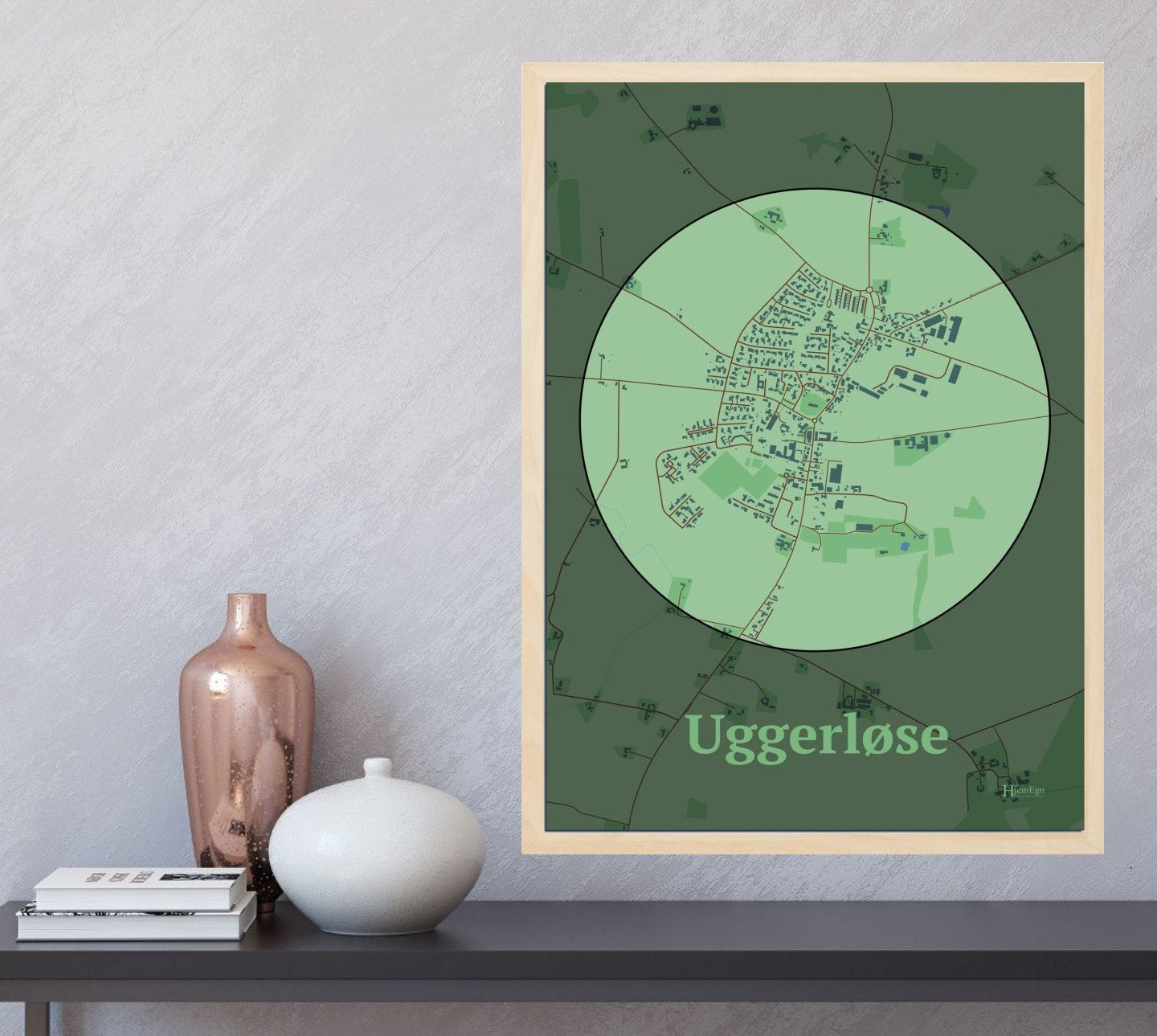 Uggerløse plakat i farve  og HjemEgn.dk design centrum. Design bykort for Uggerløse