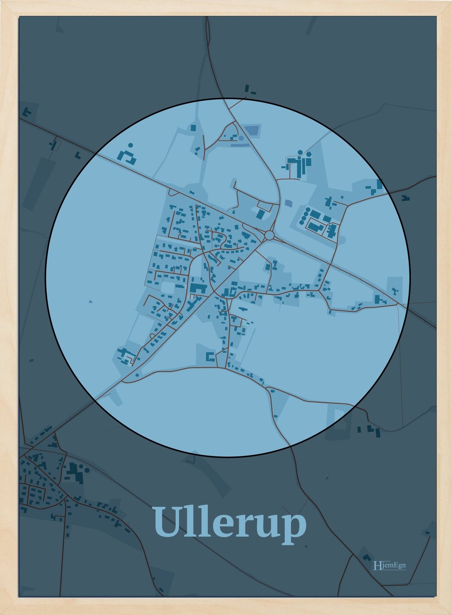 Ullerup plakat i farve pastel blå og HjemEgn.dk design centrum. Design bykort for Ullerup