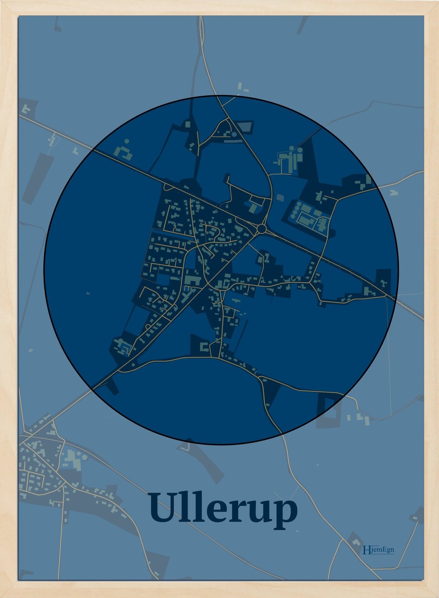Ullerup plakat i farve mørk blå og HjemEgn.dk design centrum. Design bykort for Ullerup