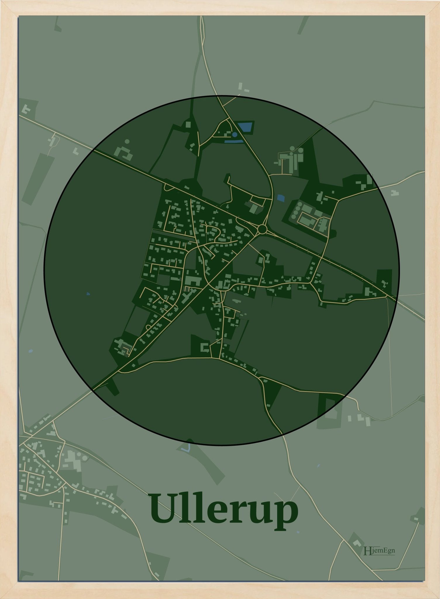 Ullerup plakat i farve mørk grøn og HjemEgn.dk design centrum. Design bykort for Ullerup