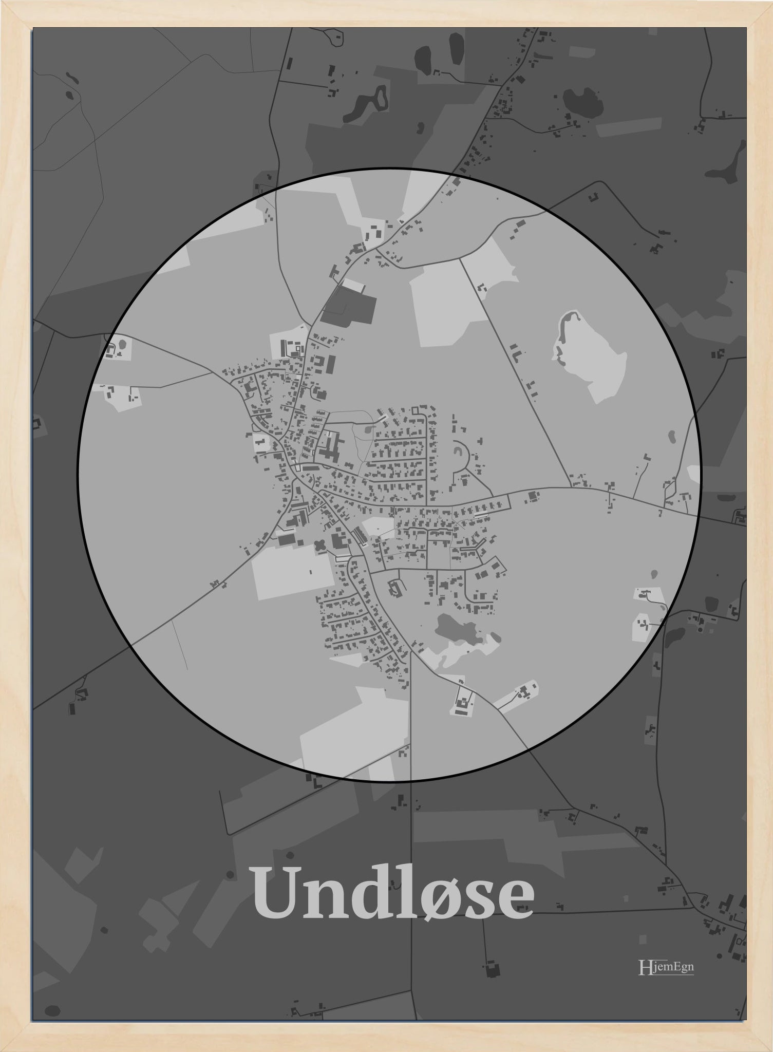 Undløse plakat i farve pastel grå og HjemEgn.dk design centrum. Design bykort for Undløse
