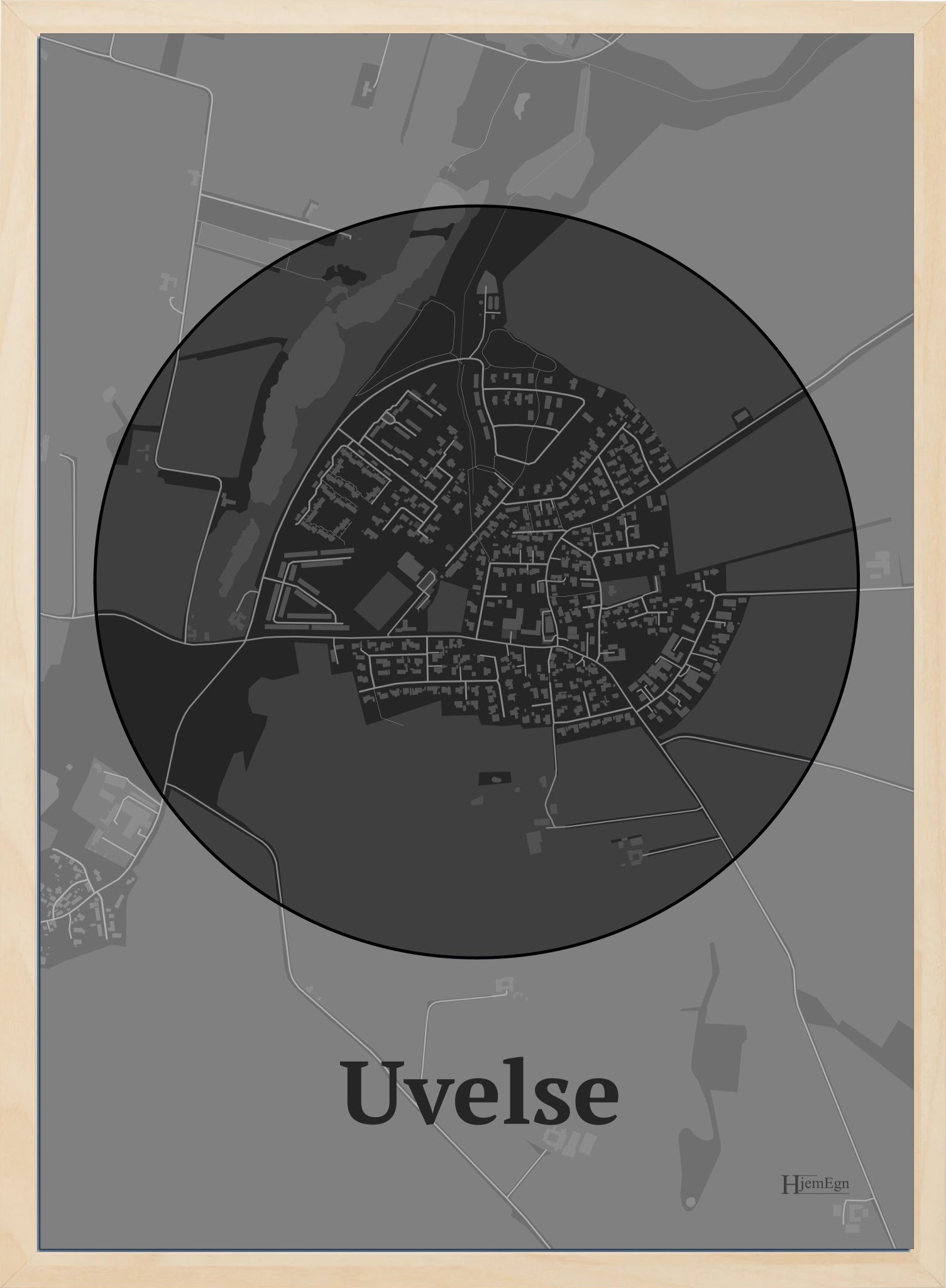 Uvelse plakat i farve mørk grå og HjemEgn.dk design centrum. Design bykort for Uvelse