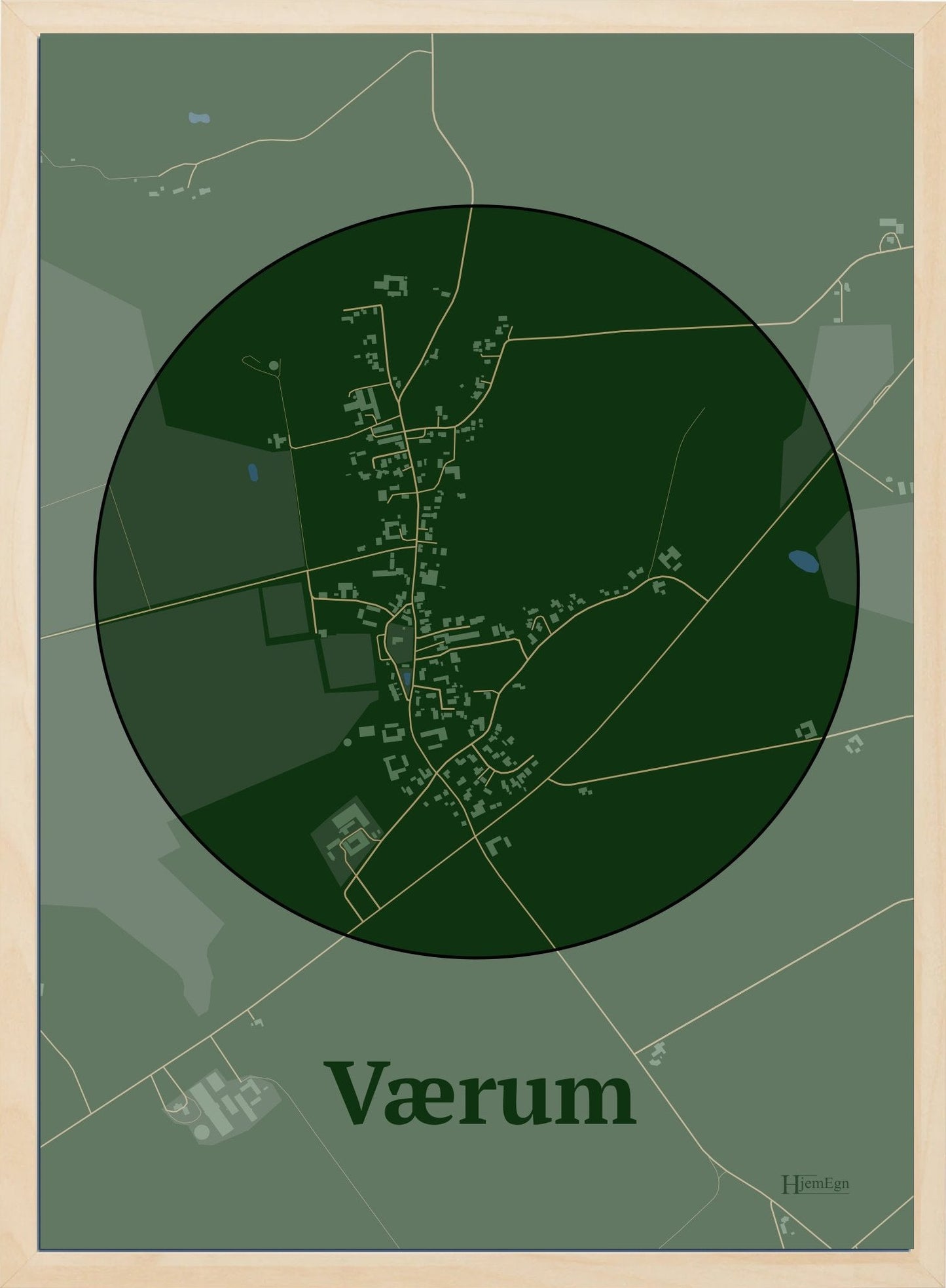 Værum plakat i farve mørk grøn og HjemEgn.dk design centrum. Design bykort for Værum