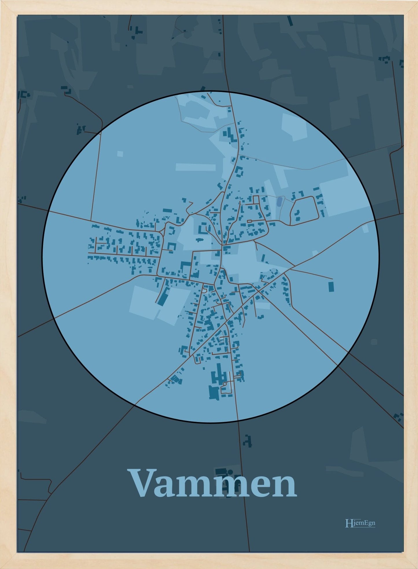 Vammen plakat i farve pastel blå og HjemEgn.dk design centrum. Design bykort for Vammen