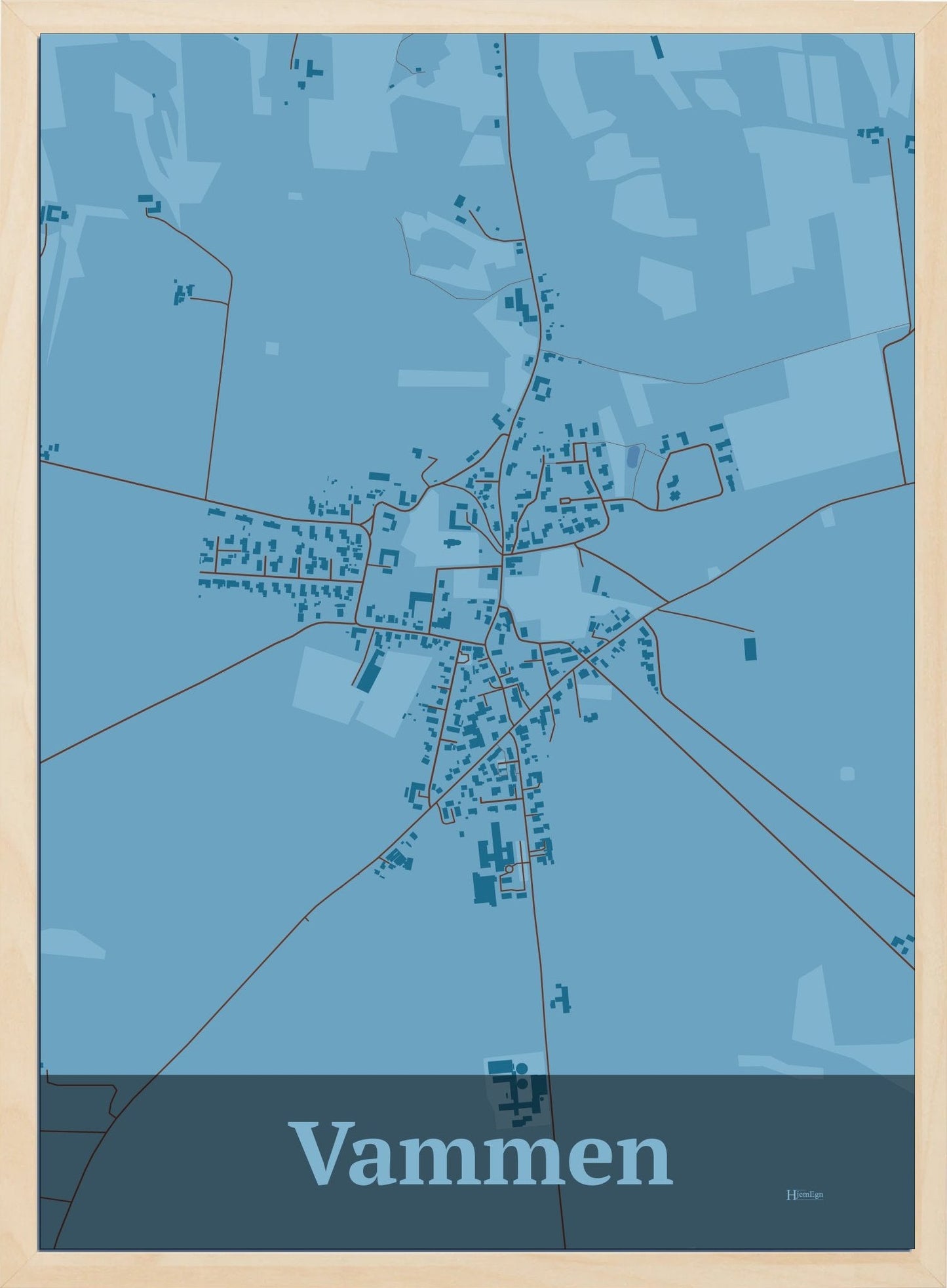 Vammen plakat i farve pastel blå og HjemEgn.dk design firkantet. Design bykort for Vammen