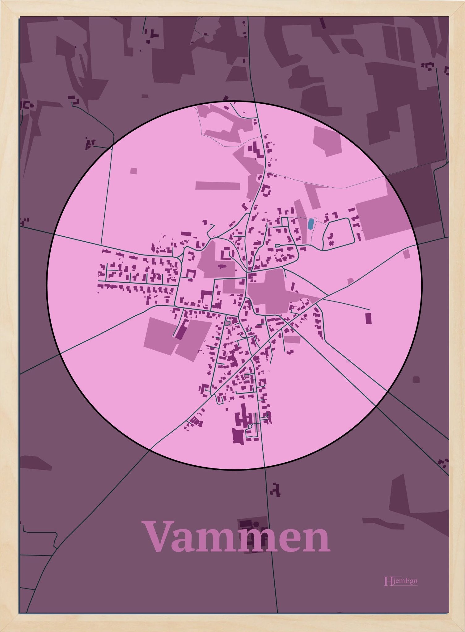 Vammen plakat i farve pastel rød og HjemEgn.dk design centrum. Design bykort for Vammen