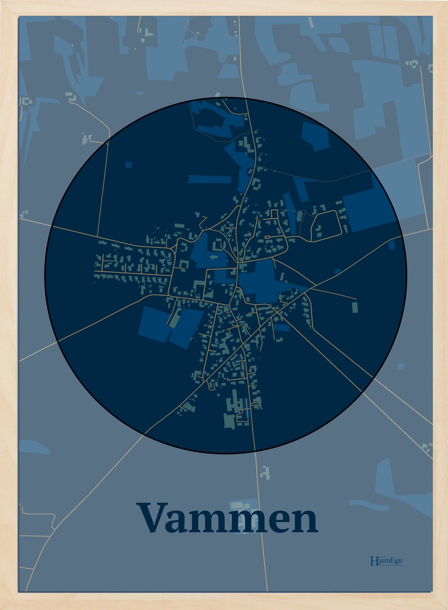 Vammen plakat i farve mørk blå og HjemEgn.dk design centrum. Design bykort for Vammen