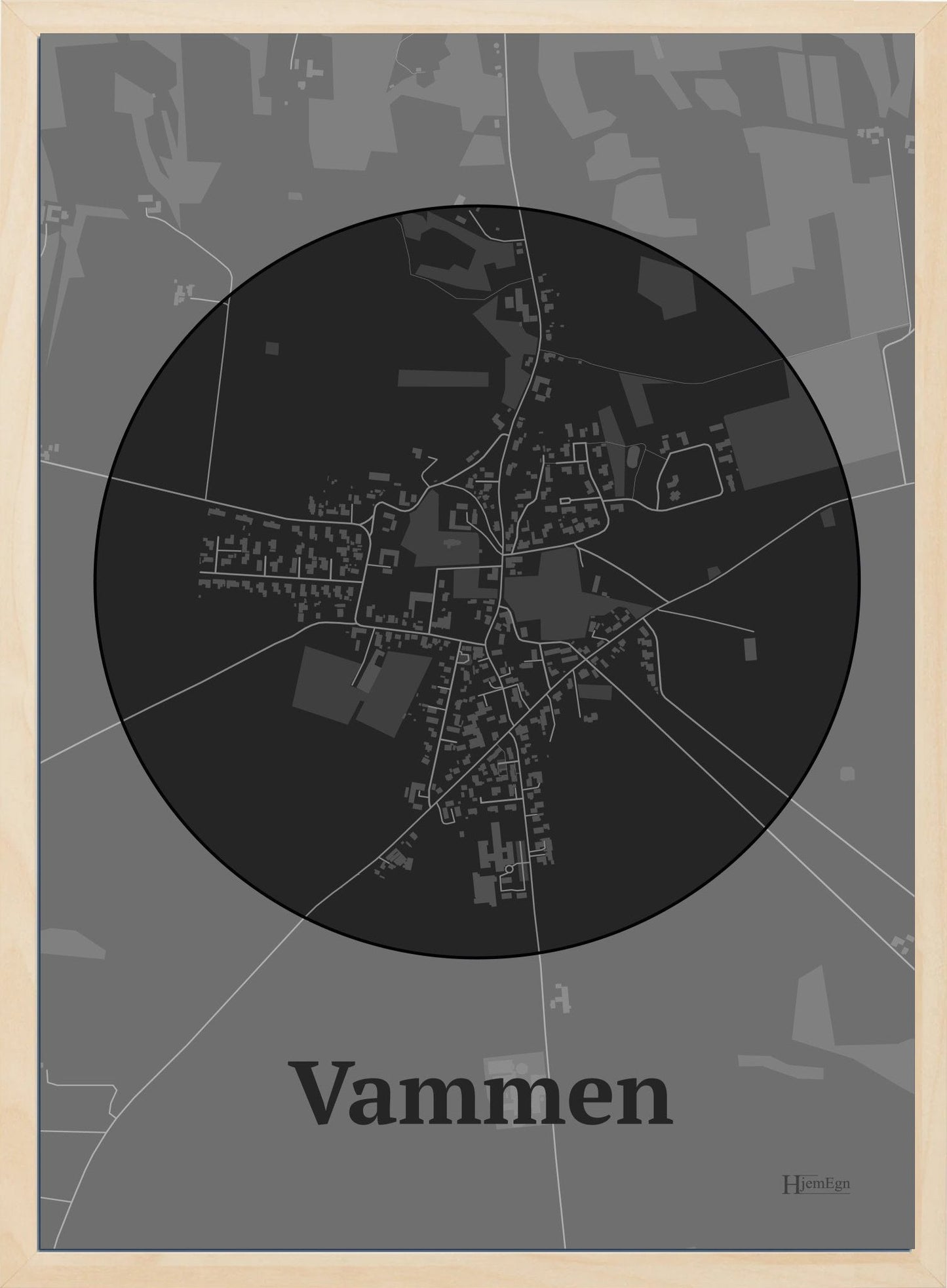 Vammen plakat i farve mørk grå og HjemEgn.dk design centrum. Design bykort for Vammen