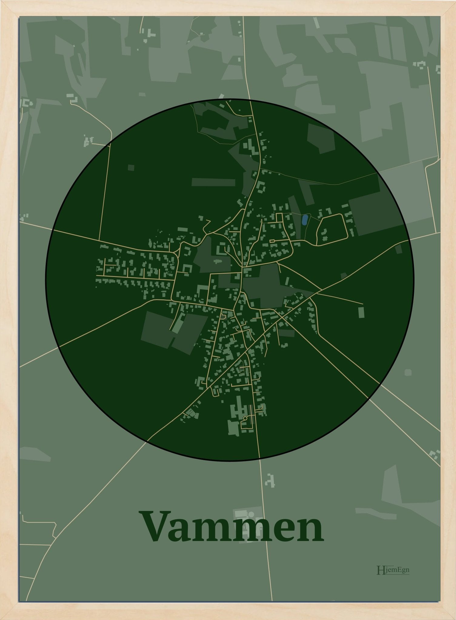 Vammen plakat i farve mørk grøn og HjemEgn.dk design centrum. Design bykort for Vammen