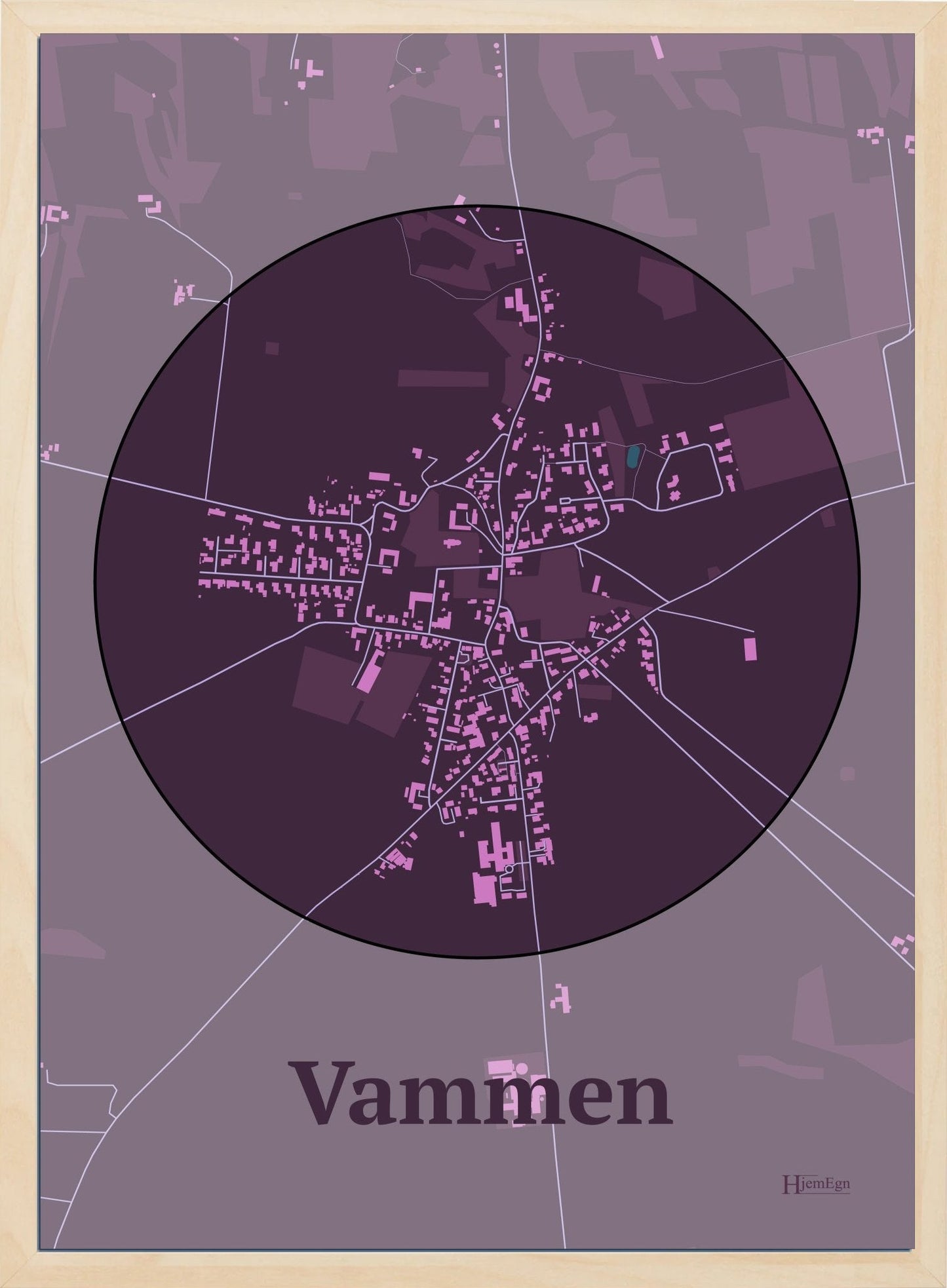 Vammen plakat i farve mørk rød og HjemEgn.dk design centrum. Design bykort for Vammen