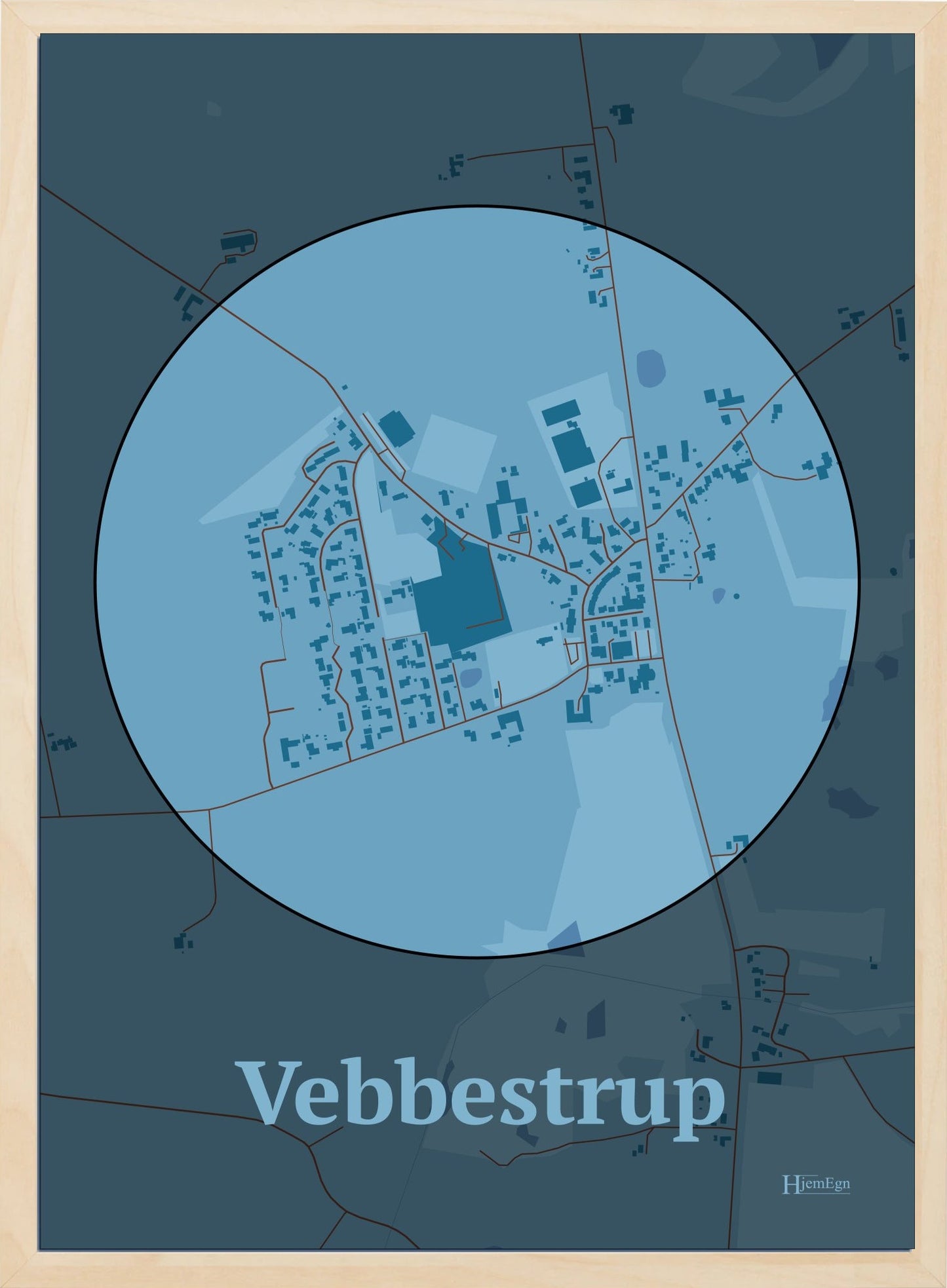 Vebbestrup plakat i farve pastel blå og HjemEgn.dk design centrum. Design bykort for Vebbestrup
