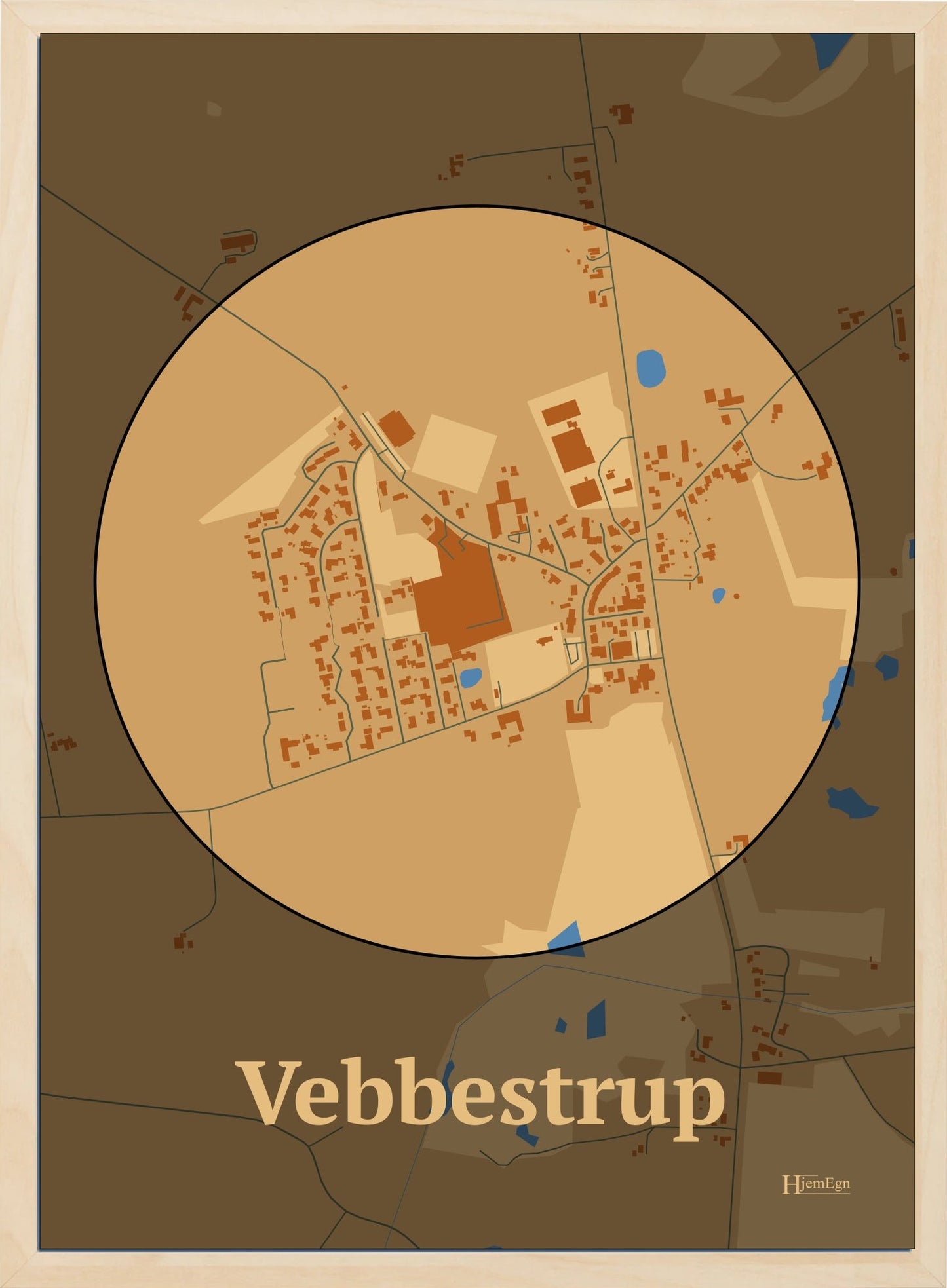 Vebbestrup plakat i farve pastel brun og HjemEgn.dk design centrum. Design bykort for Vebbestrup