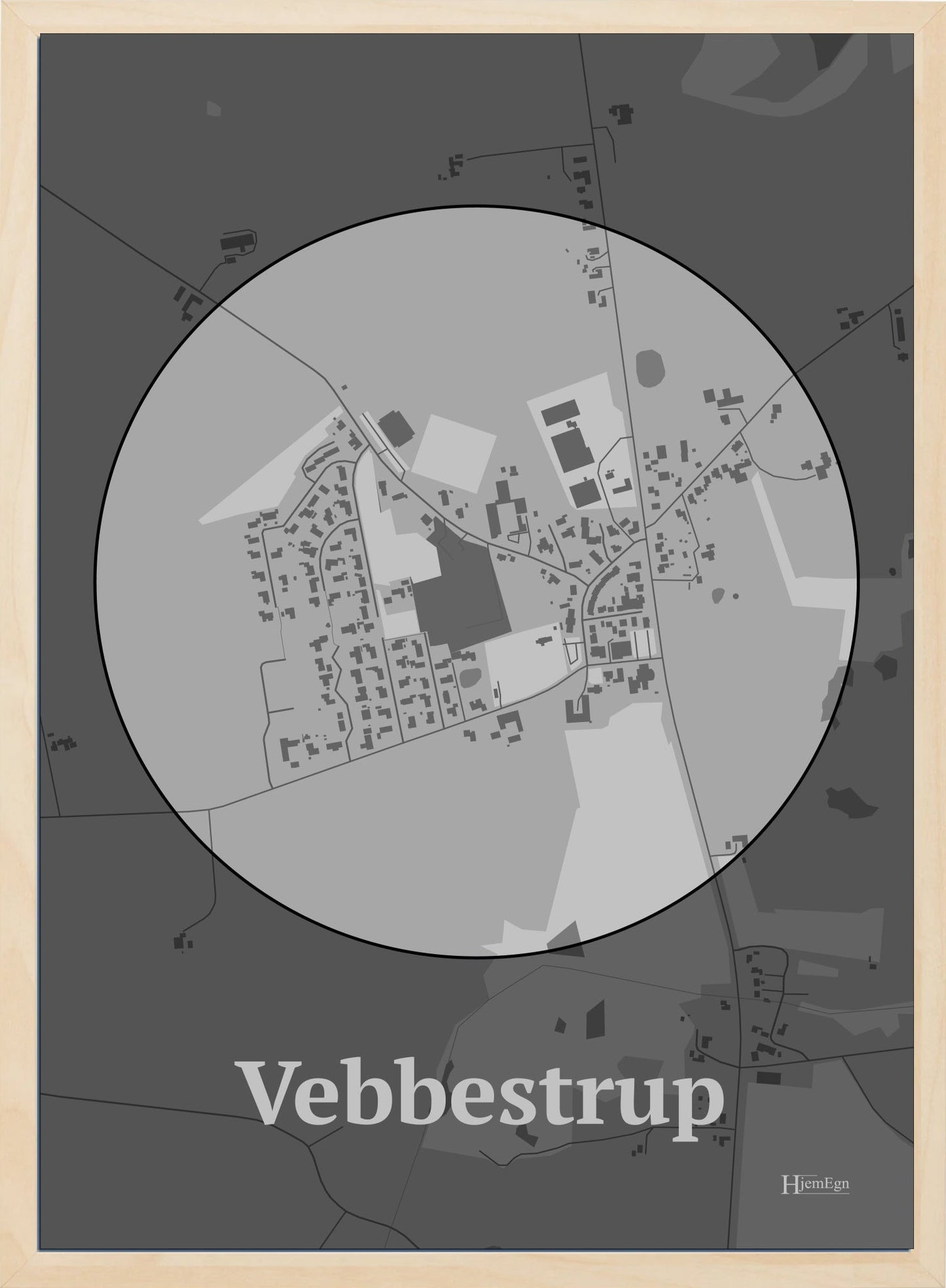 Vebbestrup plakat i farve pastel grå og HjemEgn.dk design centrum. Design bykort for Vebbestrup