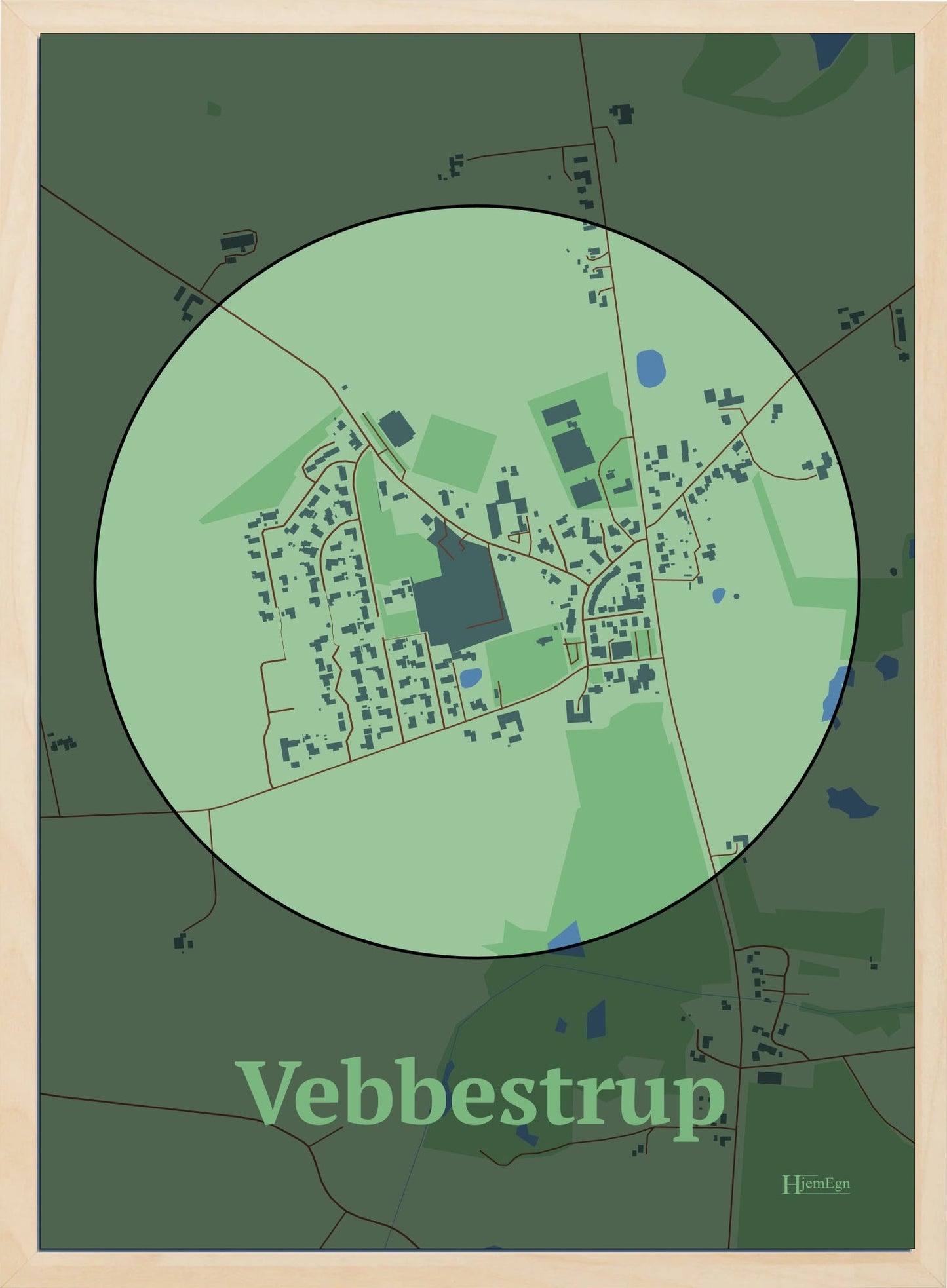 Vebbestrup plakat i farve pastel grøn og HjemEgn.dk design centrum. Design bykort for Vebbestrup