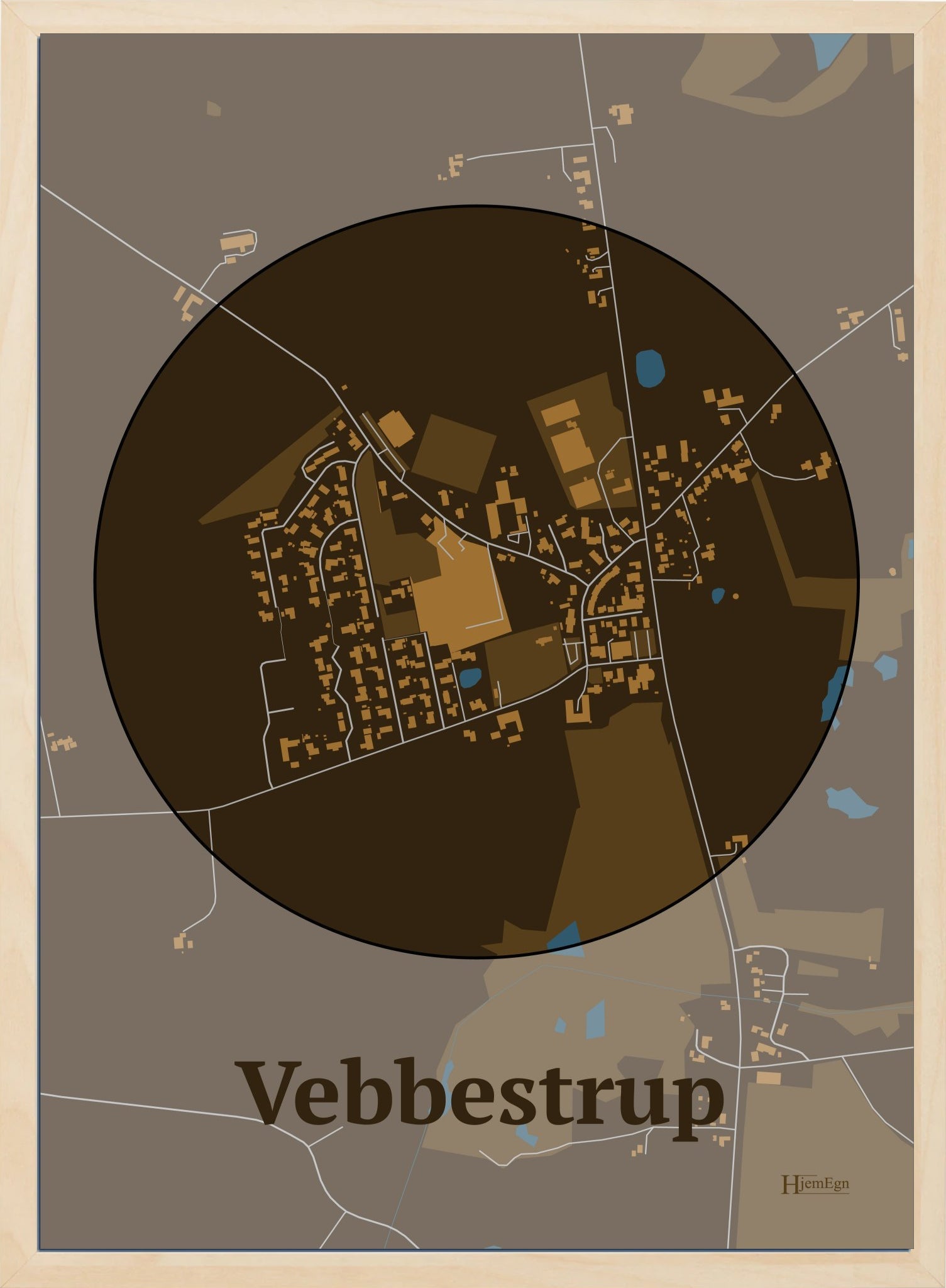Vebbestrup plakat i farve mørk brun og HjemEgn.dk design centrum. Design bykort for Vebbestrup