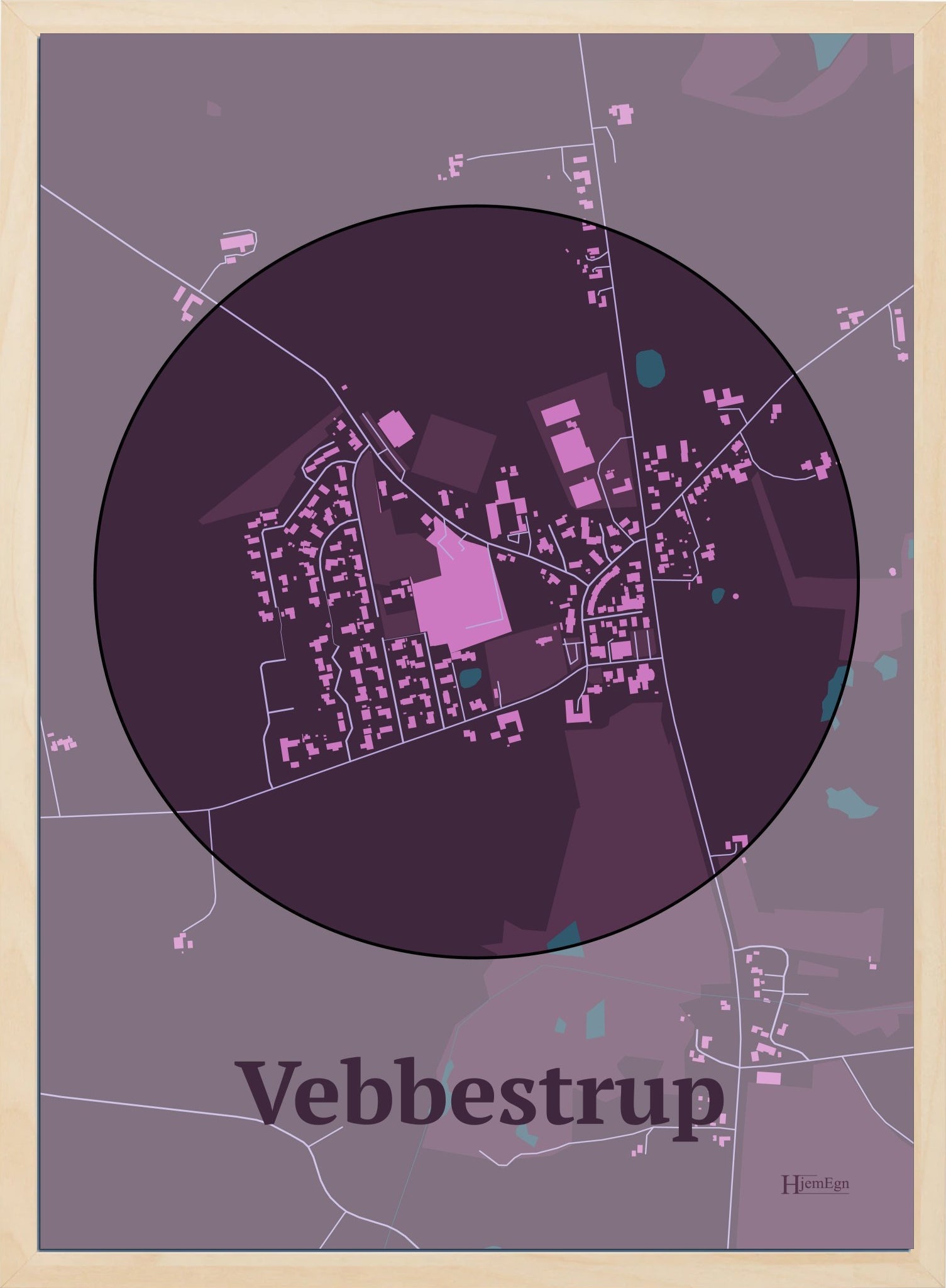 Vebbestrup plakat i farve mørk rød og HjemEgn.dk design centrum. Design bykort for Vebbestrup