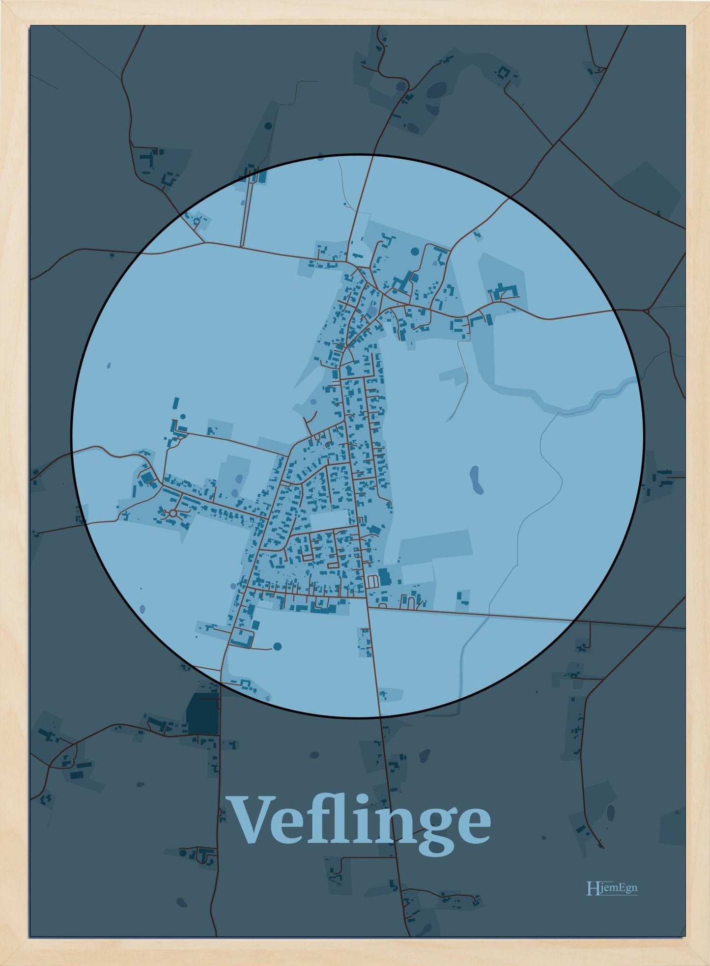 Veflinge plakat i farve pastel blå og HjemEgn.dk design centrum. Design bykort for Veflinge