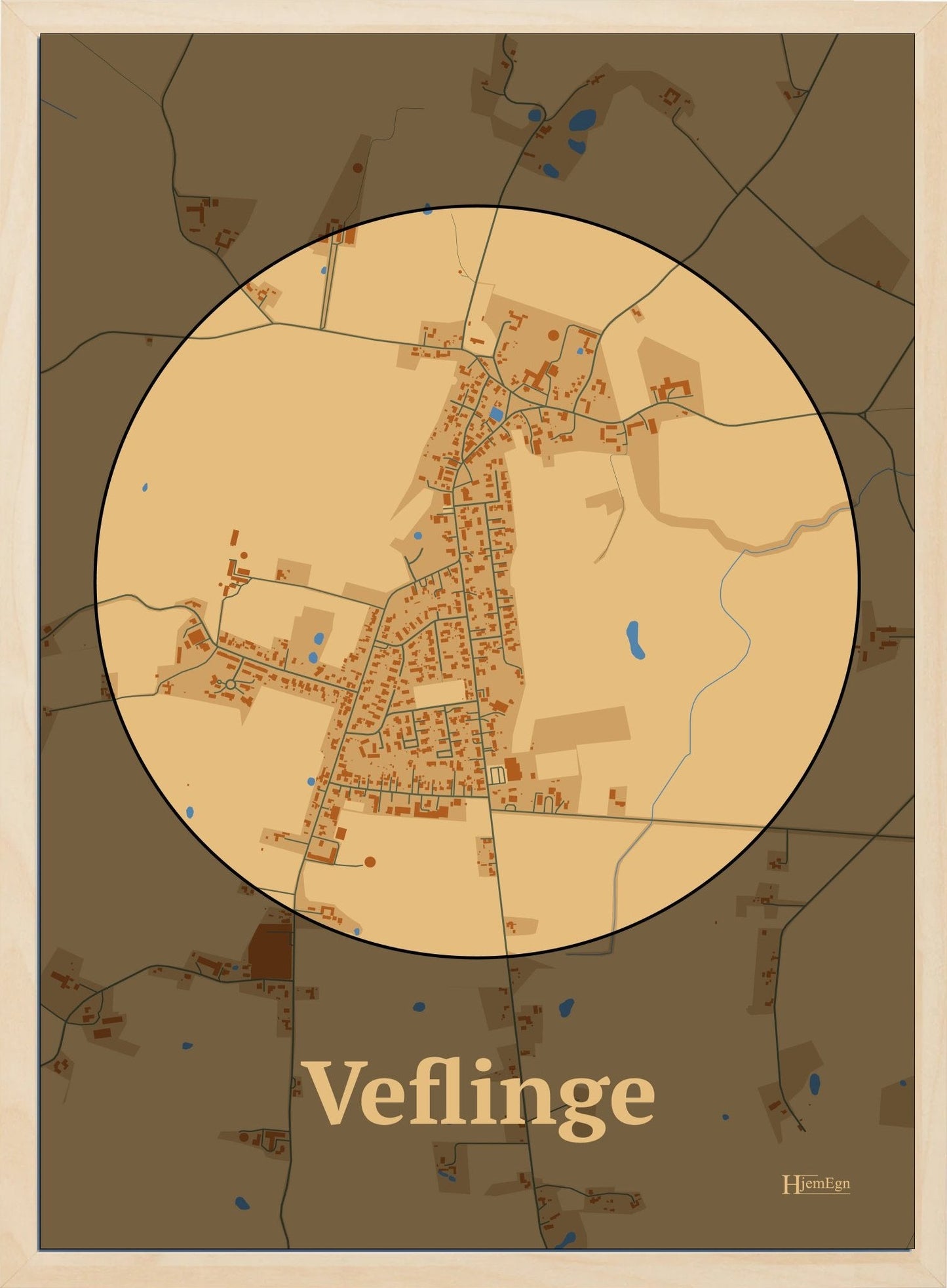 Veflinge plakat i farve pastel brun og HjemEgn.dk design centrum. Design bykort for Veflinge