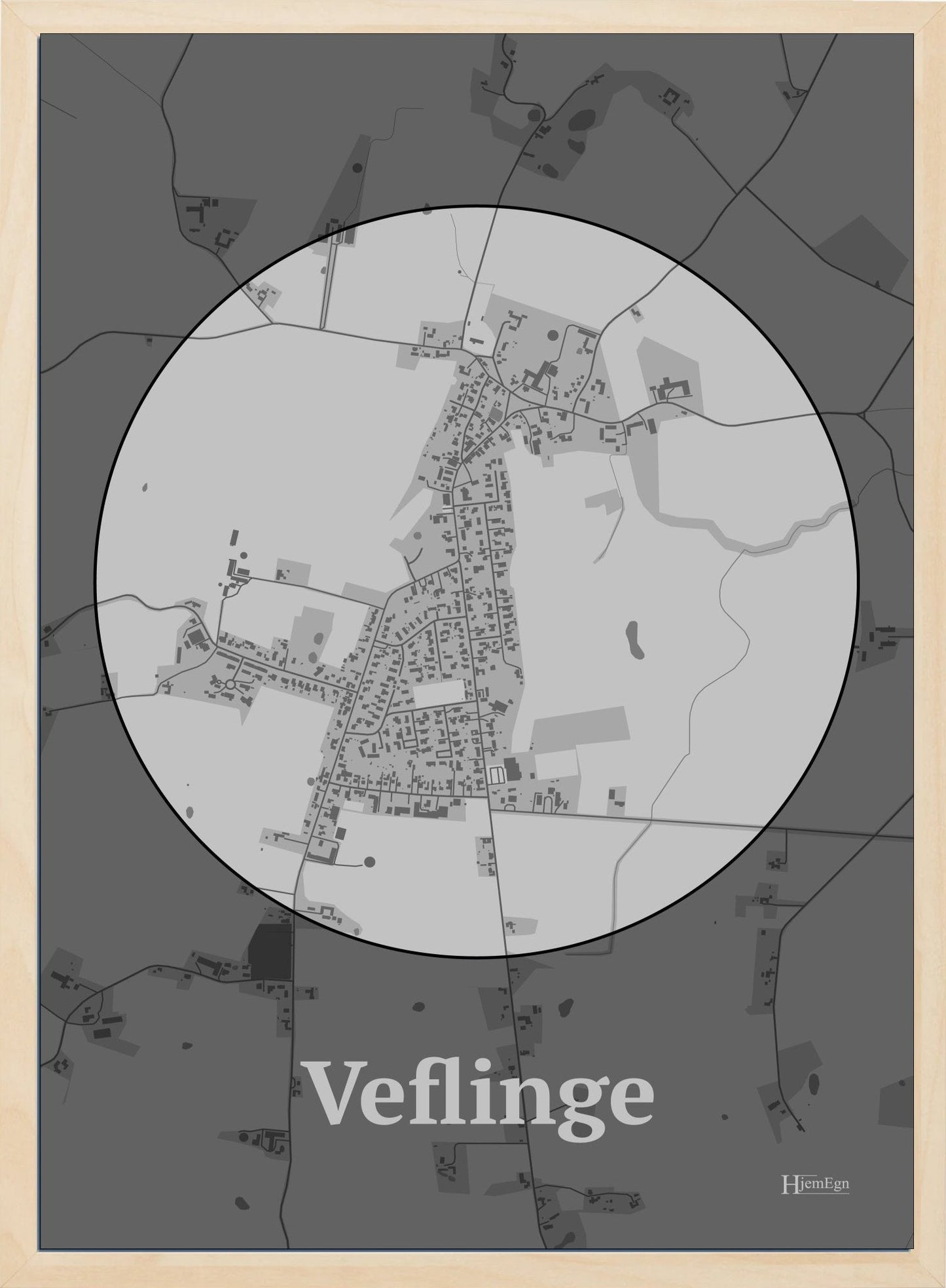 Veflinge plakat i farve pastel grå og HjemEgn.dk design centrum. Design bykort for Veflinge