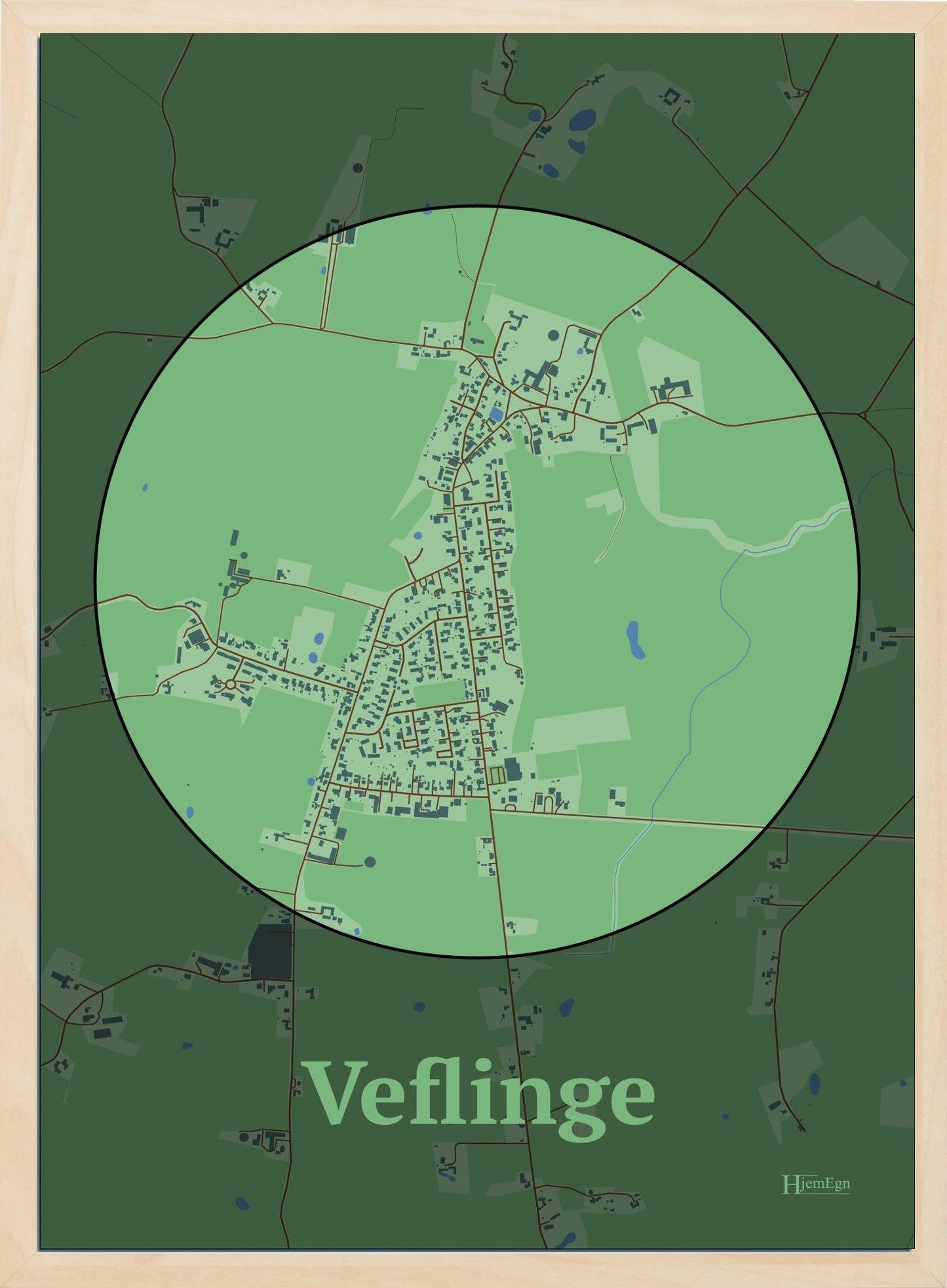 Veflinge plakat i farve pastel grøn og HjemEgn.dk design centrum. Design bykort for Veflinge