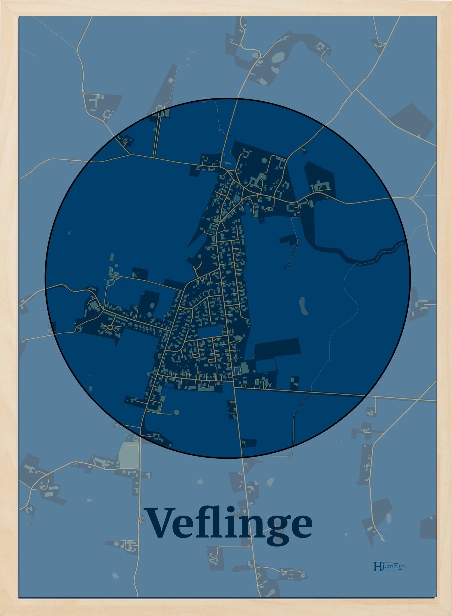 Veflinge plakat i farve mørk blå og HjemEgn.dk design centrum. Design bykort for Veflinge