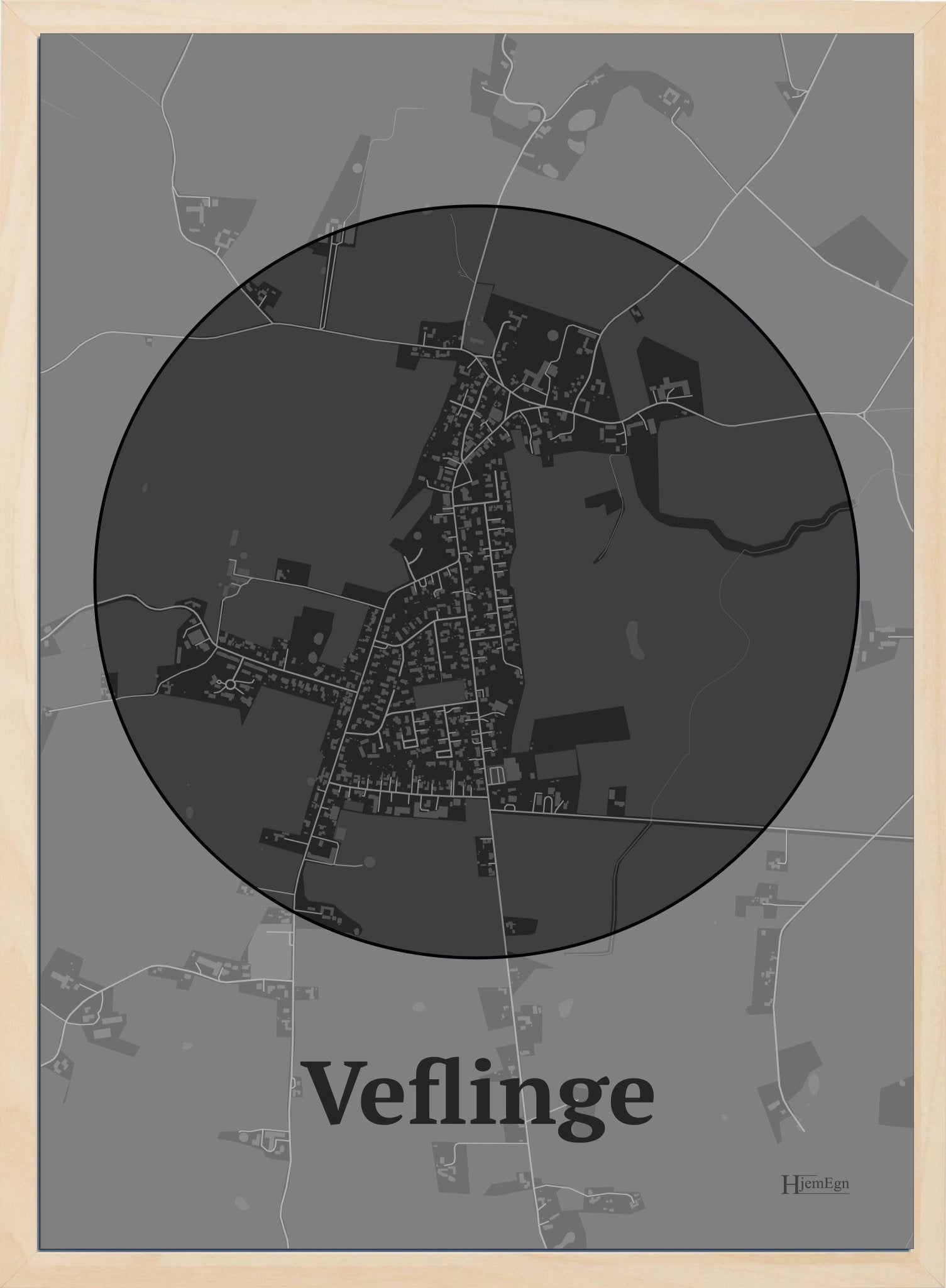 Veflinge plakat i farve mørk grå og HjemEgn.dk design centrum. Design bykort for Veflinge